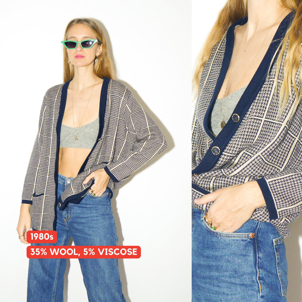 VINTAGE wool and viscose vintage cardigan 80s | navy and gold checkered cardigan from 80s | oversize fits sizes from XS to XL
