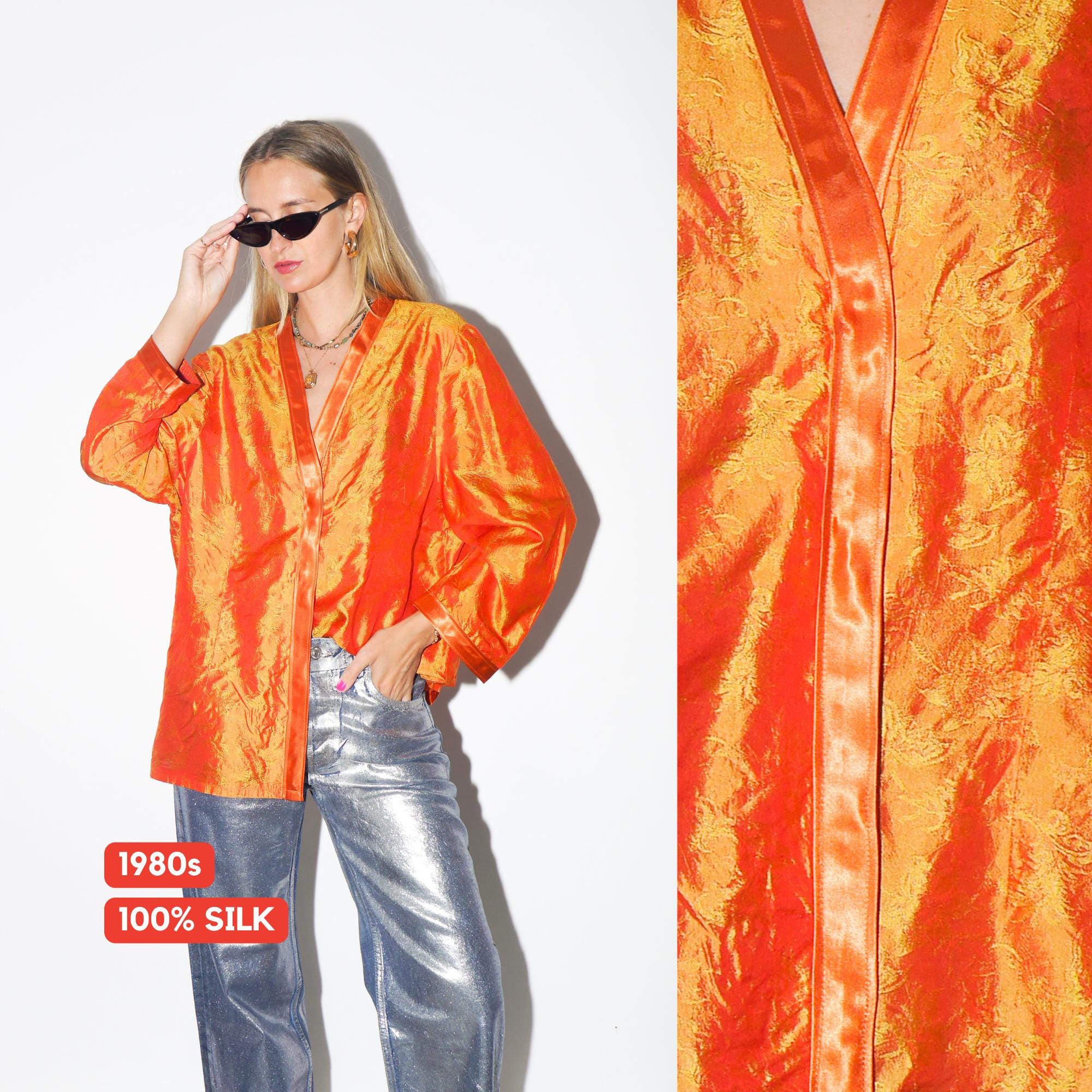 VINTAGE 100% Silk Orange Floral Oversized Blouse Tailor Made One Of A Kind From The 1980s (Handmade)