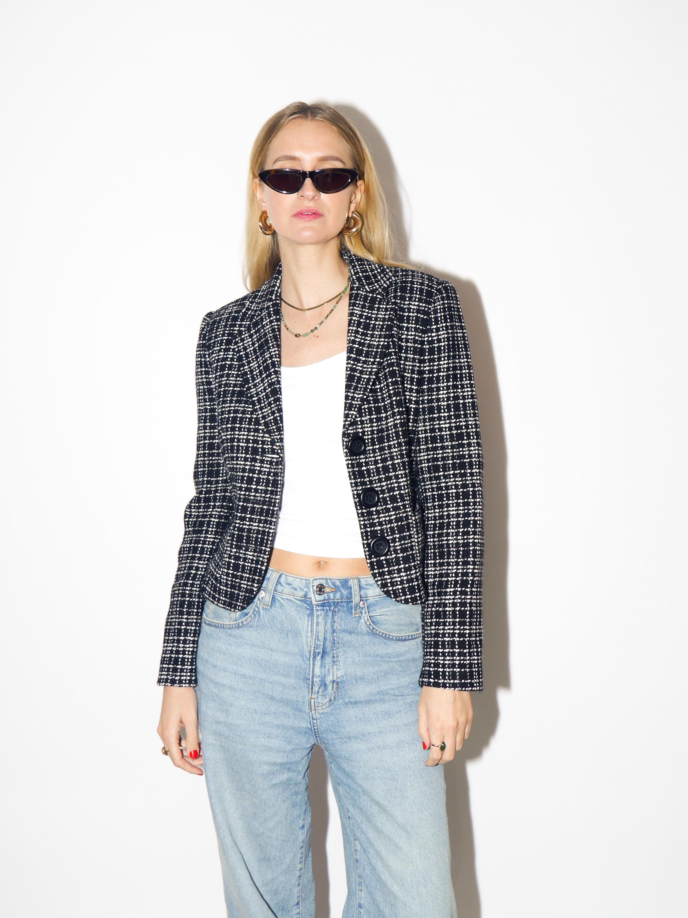 VINTAGE wool blazer, fitted black and white short blazer by Un Deux Trois® Paris