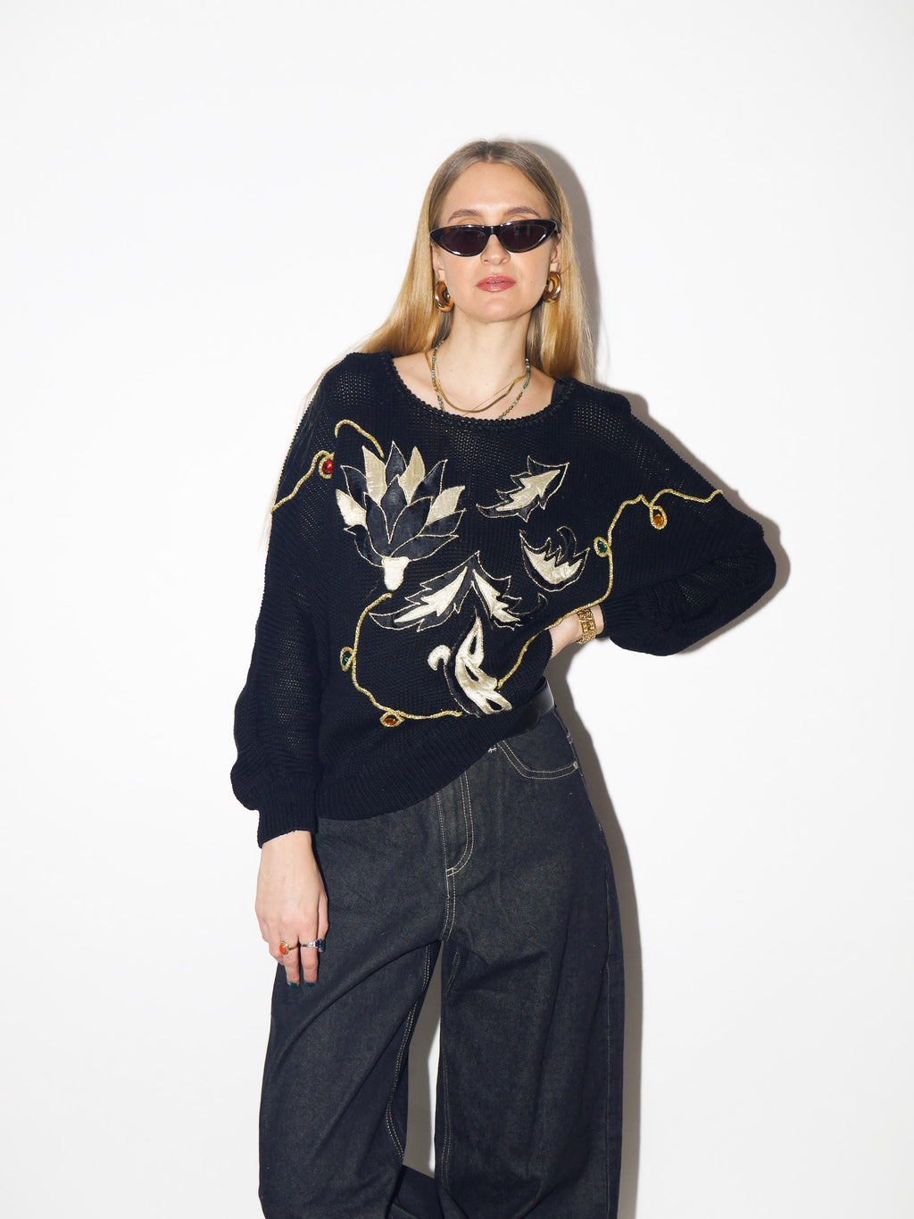 VINTAGE black oversize cotton sweater from 1980s with gold embroidery