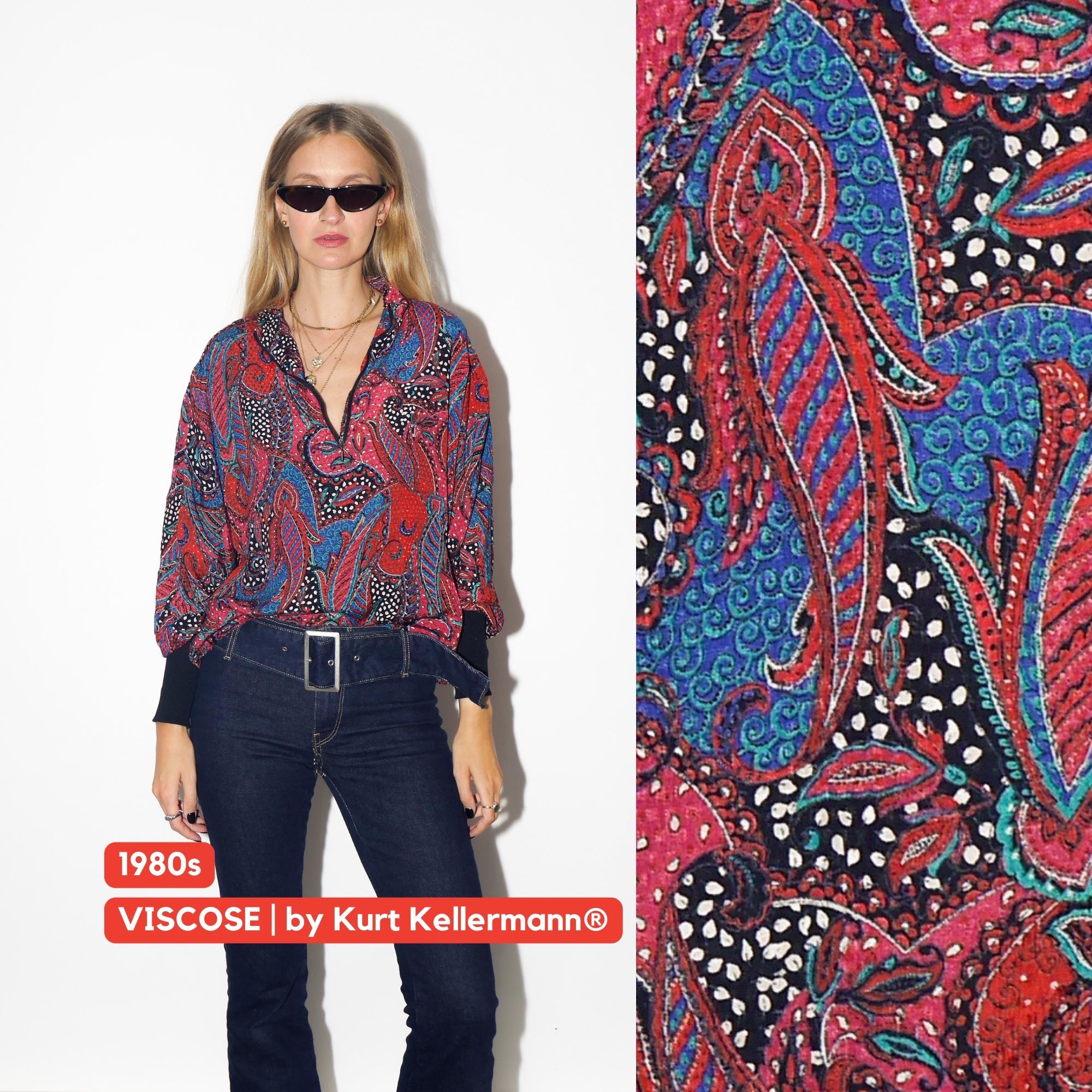 VINTAGE Red And Blue Paisley Half Zip Top With Stand-Up Collar From The 1980s By Kurt Kellermann