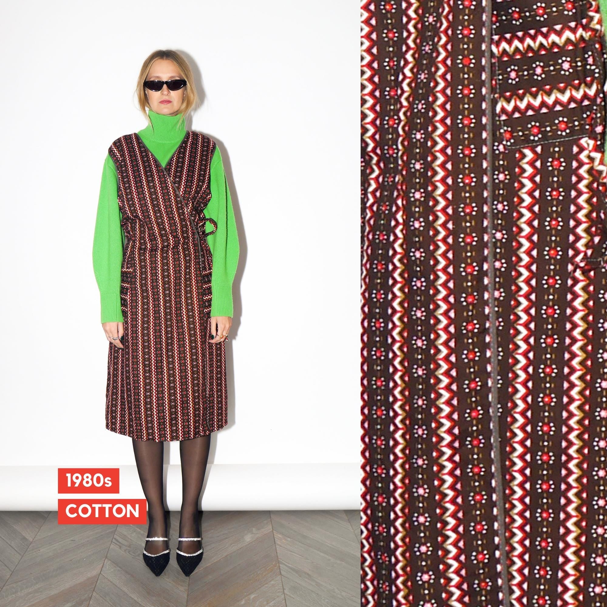 VINTAGE Chocolate Brown Floral Cotton Wrap Dress From The 1980s