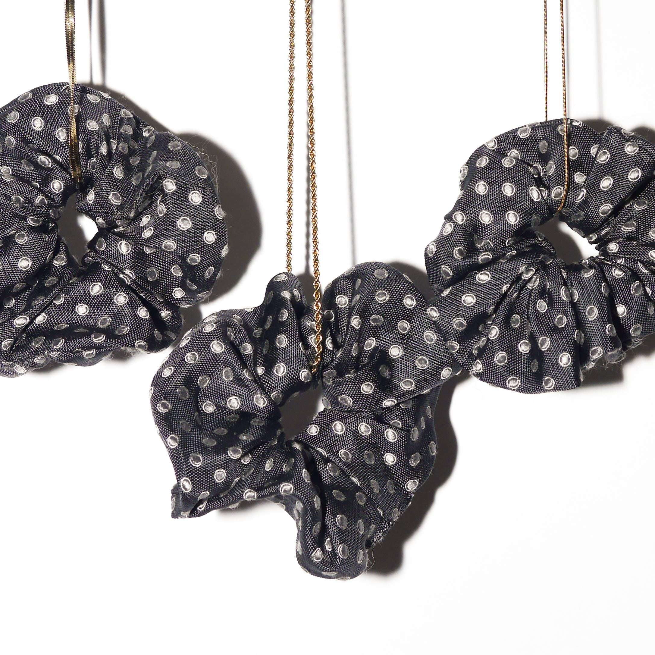 Handmade 100% Silk Scrunchie from Vintage 1980s Tie by MODOPOL - Dark Gray in Polka Dots