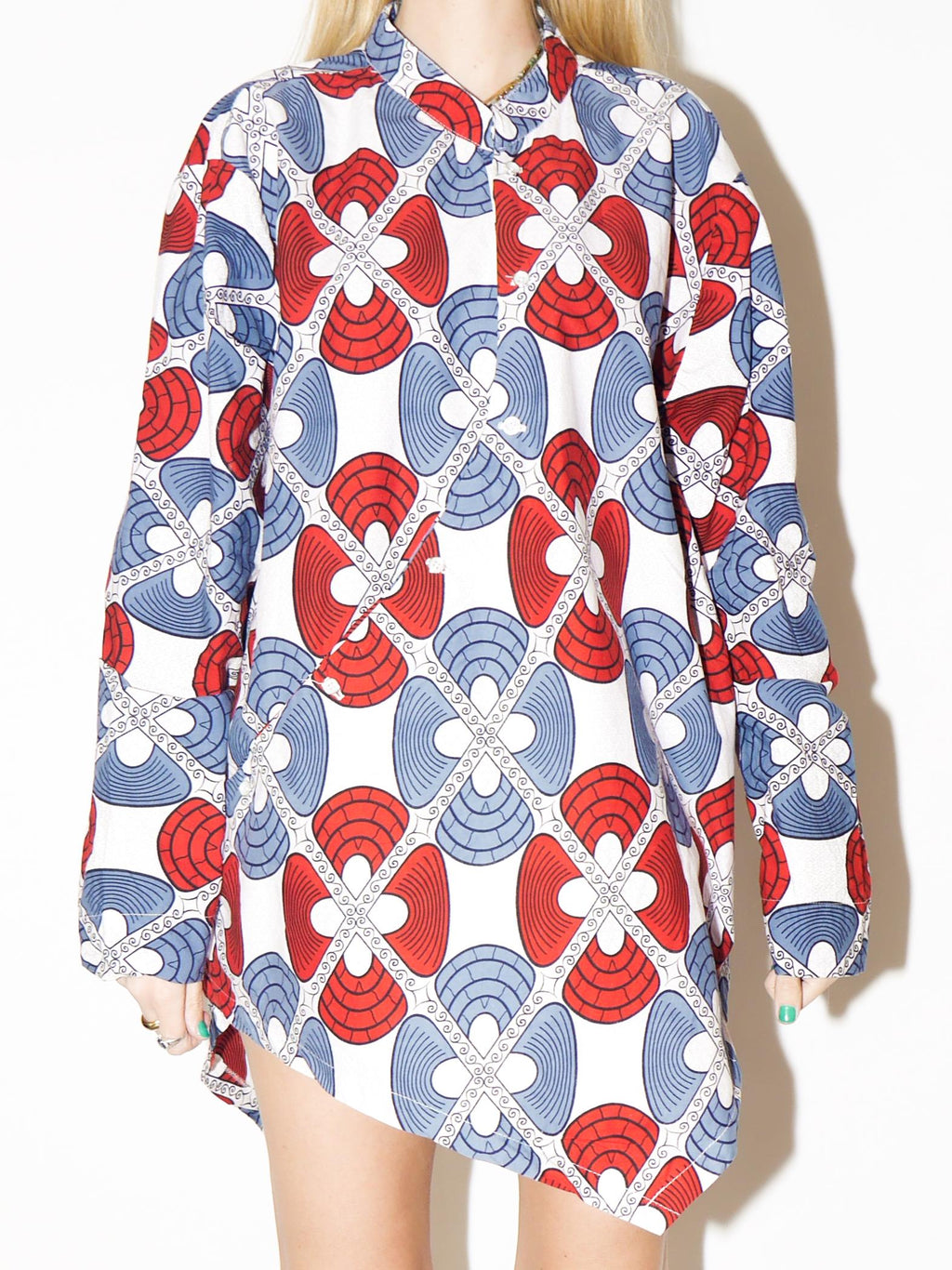 VINTAGE Mini Shirt Dress from 1980s in White Red Blue | Oversized Cotton Dress