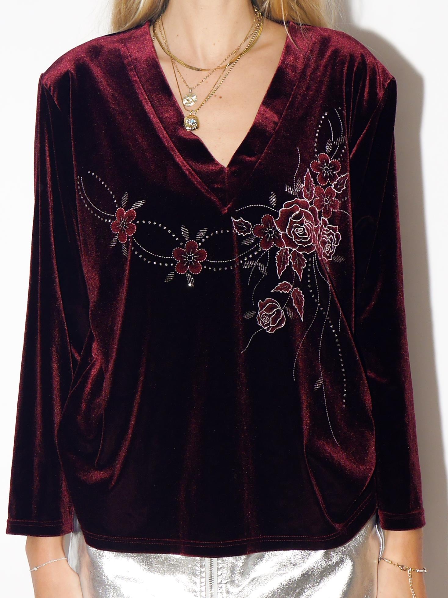 VINTAGE Burgundy Velvet Viscose Blend Long Sleeve Blouse With Glitter Floral Pattern From The 1980s