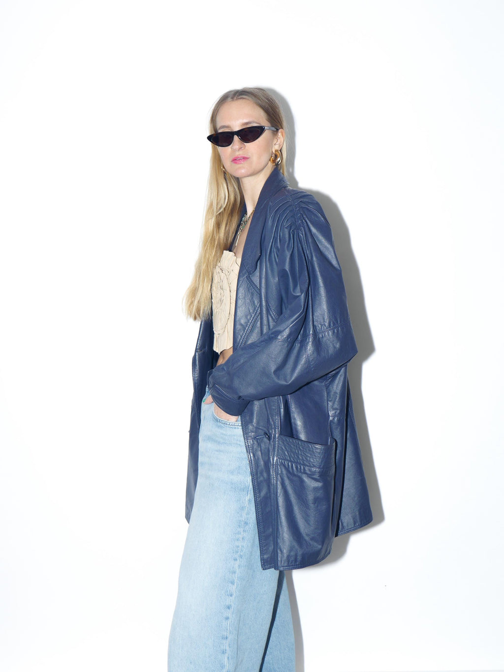 VINTAGE navy blue leather jacket from the 1980s by Renoma® in oversize fit