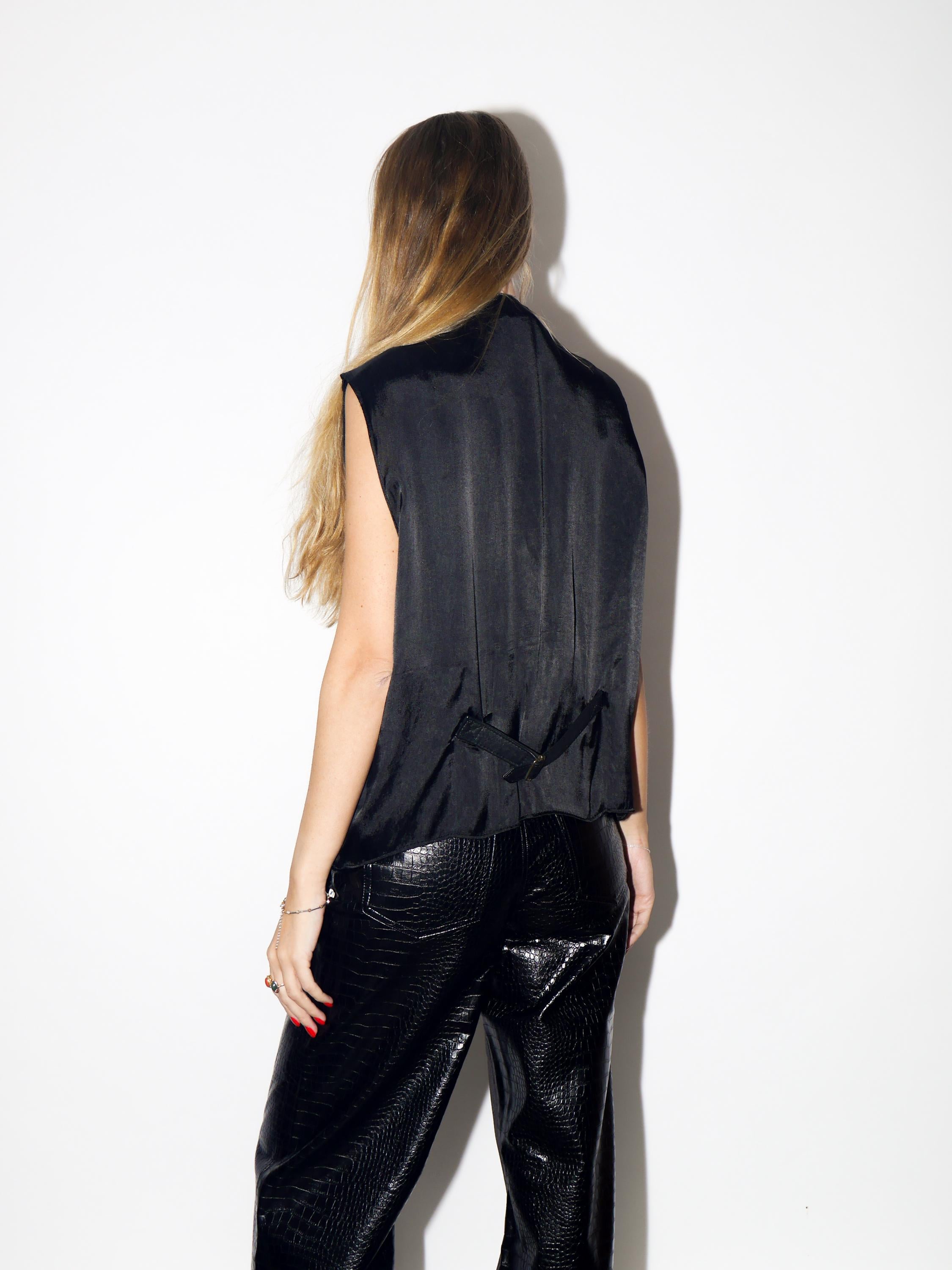 VINTAGE Black Leather Vest From The 1980s With Decorative Buttons By Three&M
