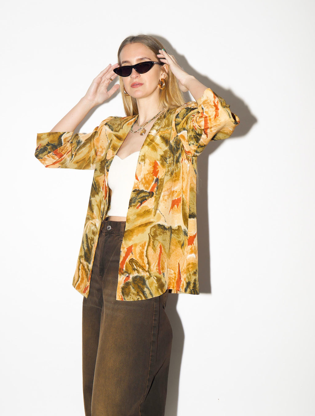 VINTAGE Yellow Abstract Blouse from 1980s | Open Front Flowy Orange Blouse