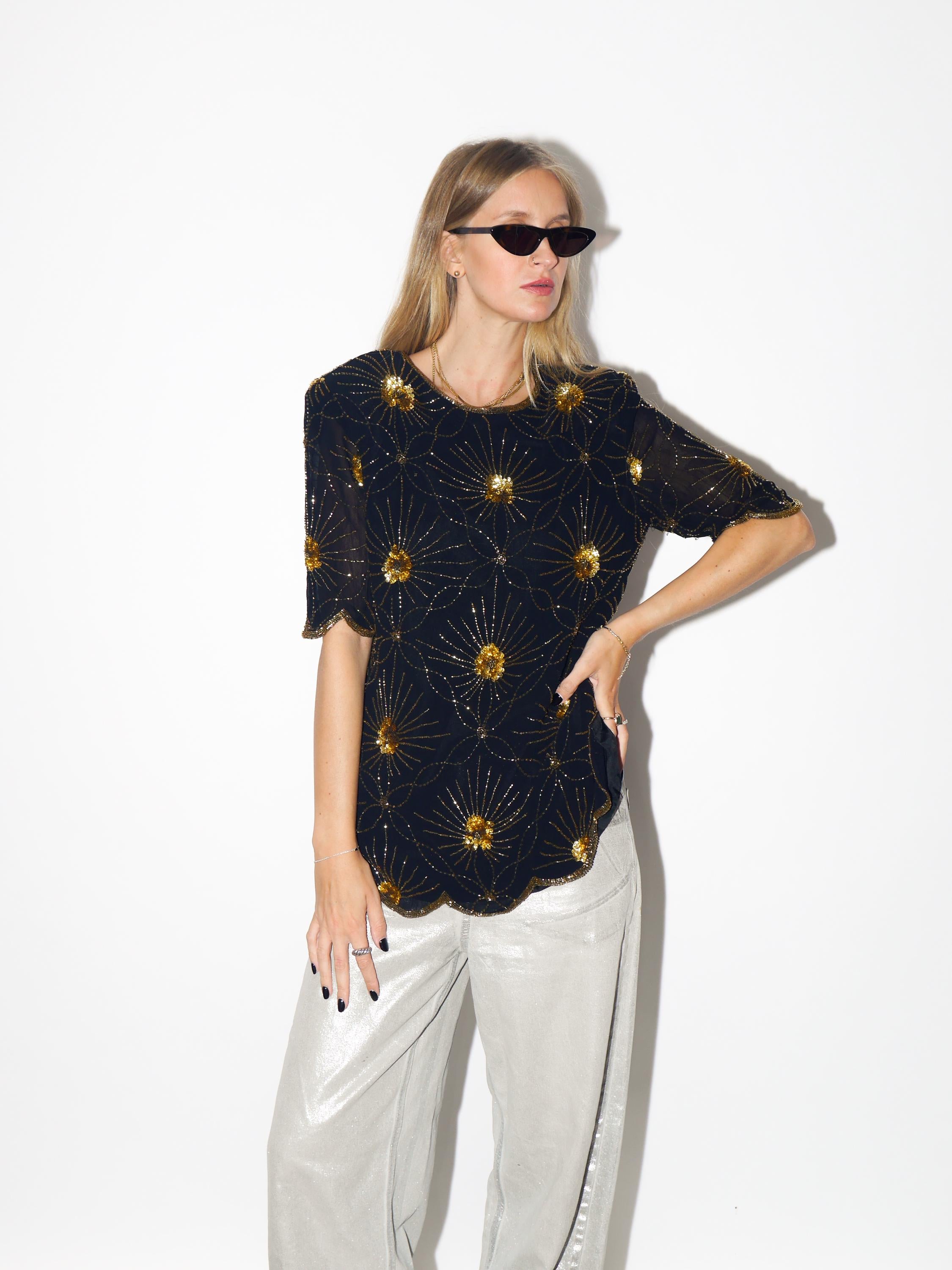 VINTAGE Black Viscose Blouse From The 1980s With Gold Beads And Sequins By Katherine Hart