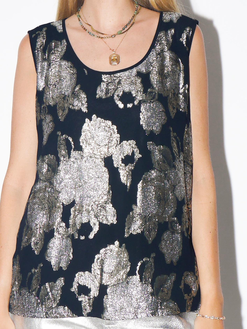 VINTAGE Black Sleeveless Floral Metallic Thread Blouse With Lining From The 1980s By Grill Florin