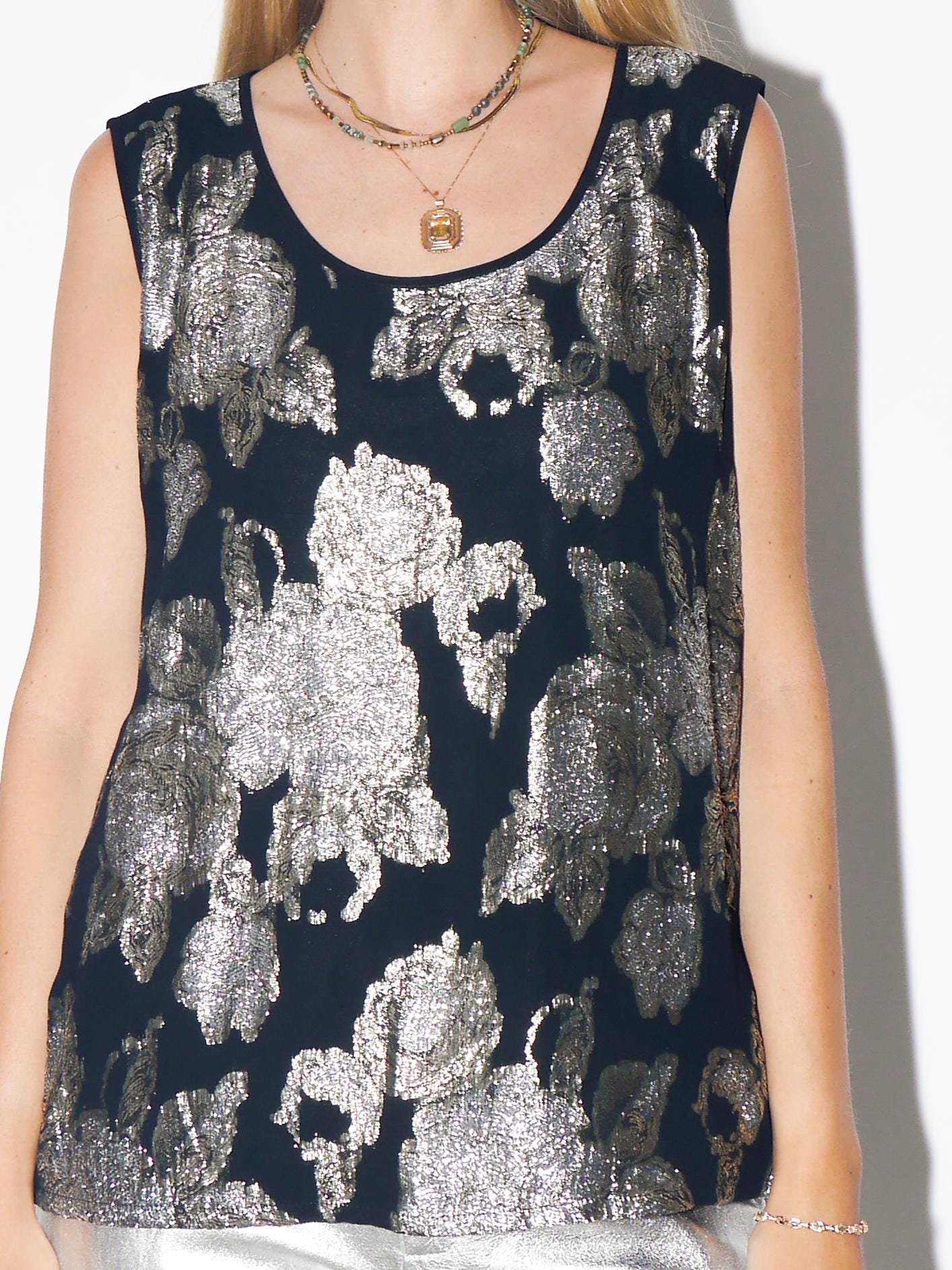 VINTAGE Black Sleeveless Floral Metallic Thread Blouse With Lining From The 1980s By Grill Florin