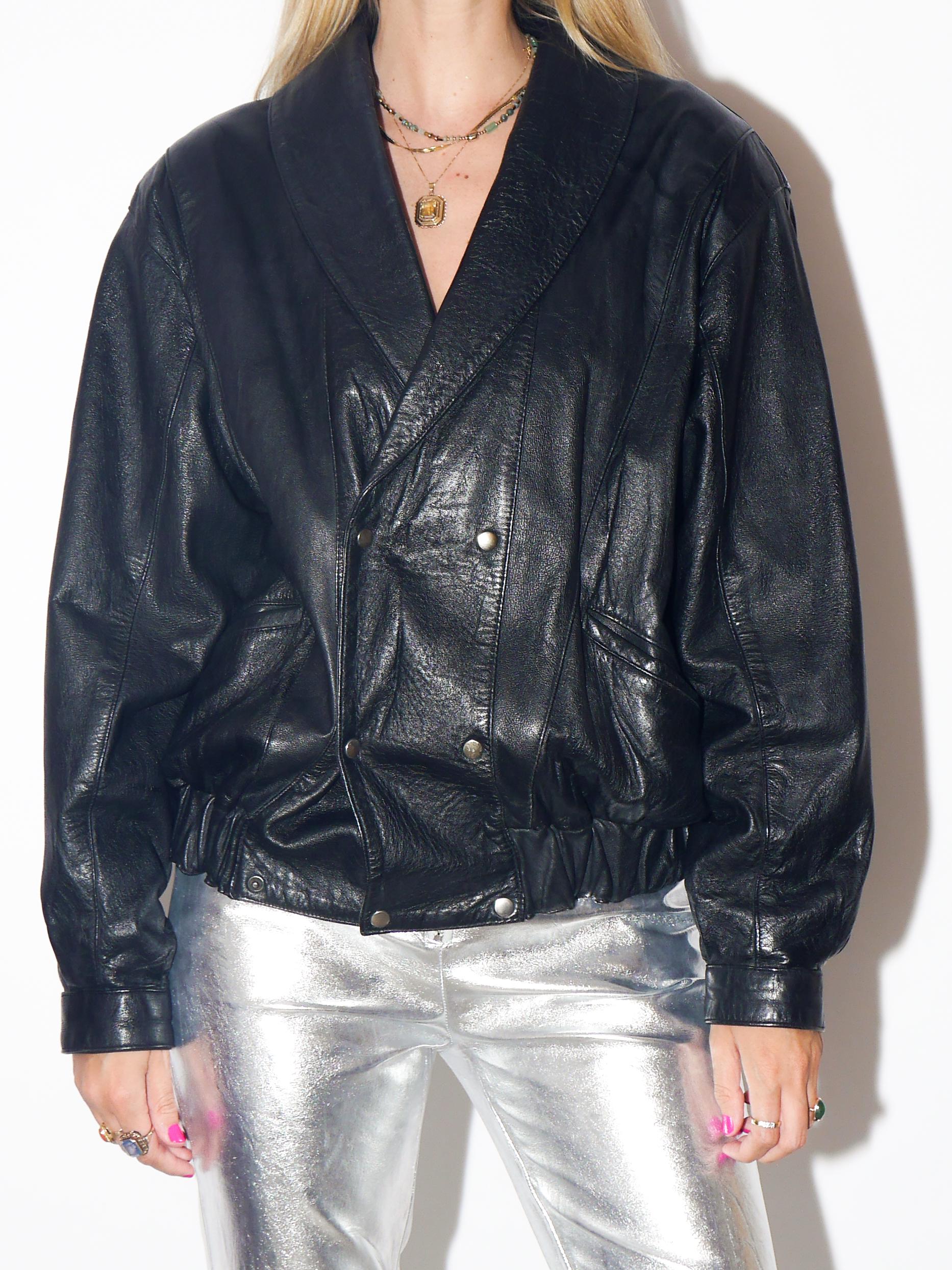 VINTAGE Black Leather Double Breasted Jacket With Shawl Collar And Shoulder Pads From The 1980s