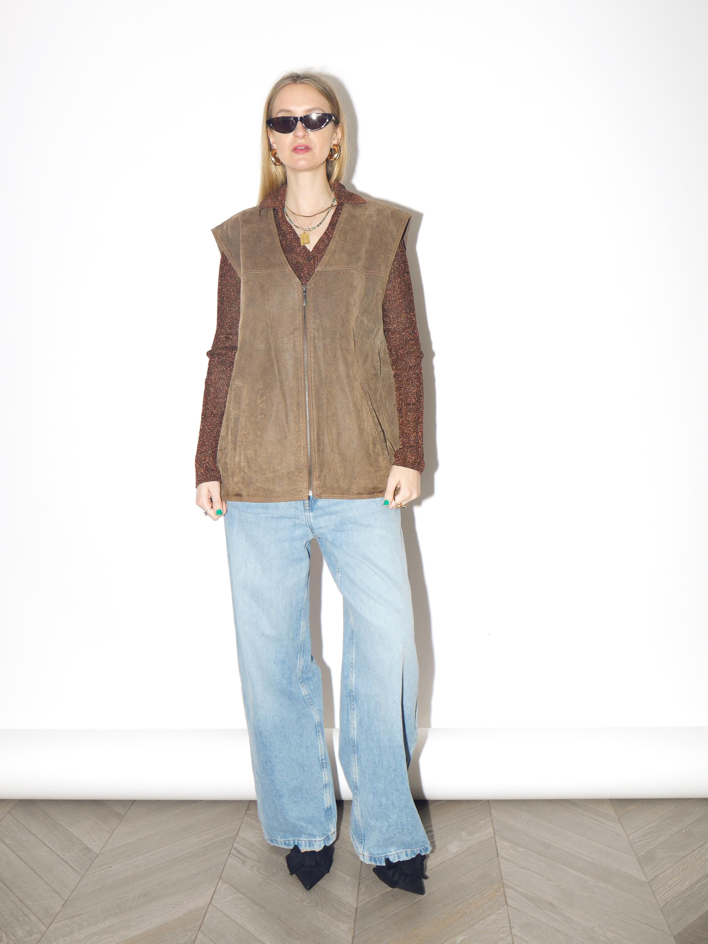 VINTAGE Khaki Suede Vest from 1980s | Big Oversize Beige Leather Vest by Canada®