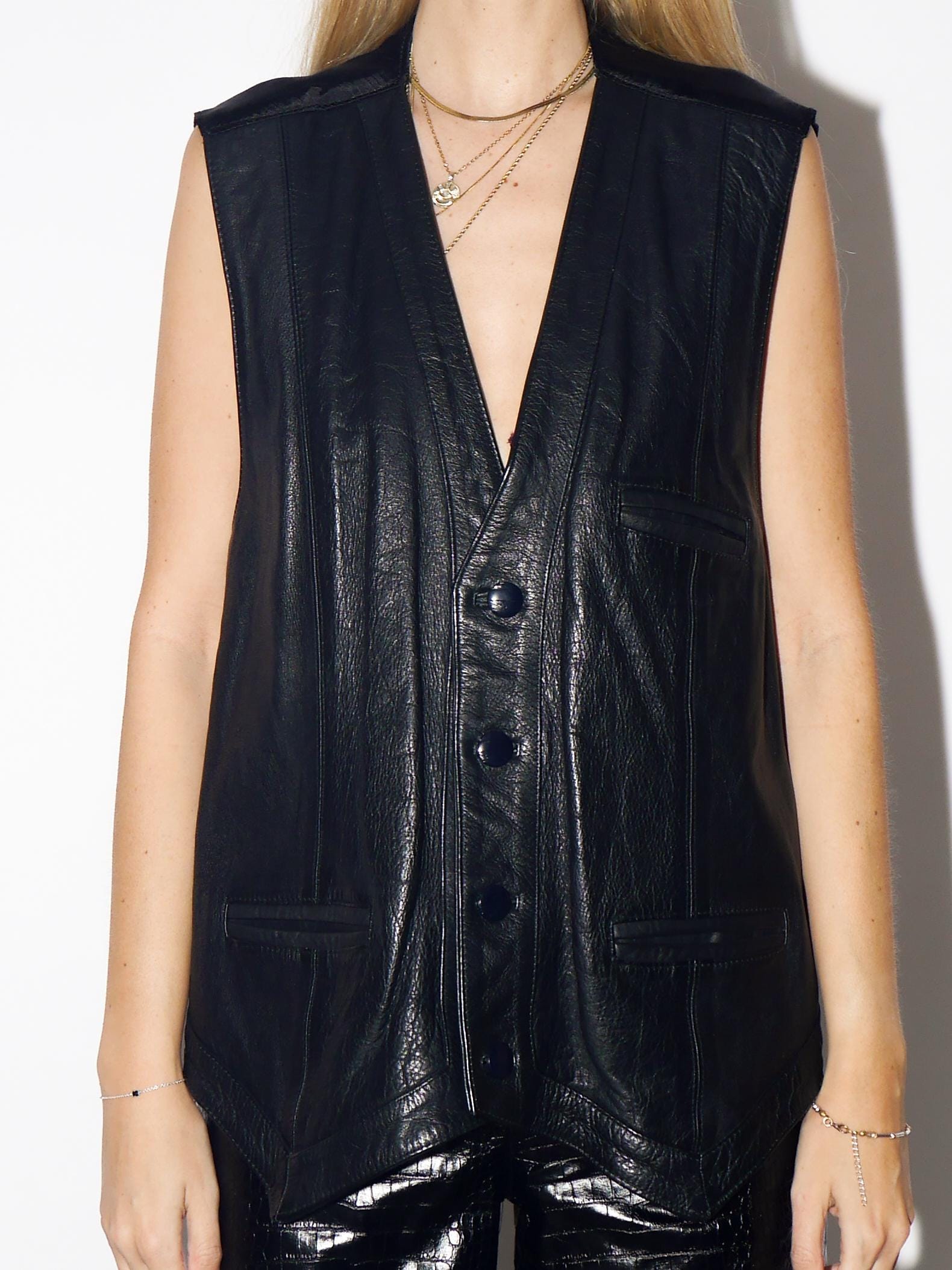VINTAGE Black Leather Vest From The 1980s With Decorative Buttons By Three&M