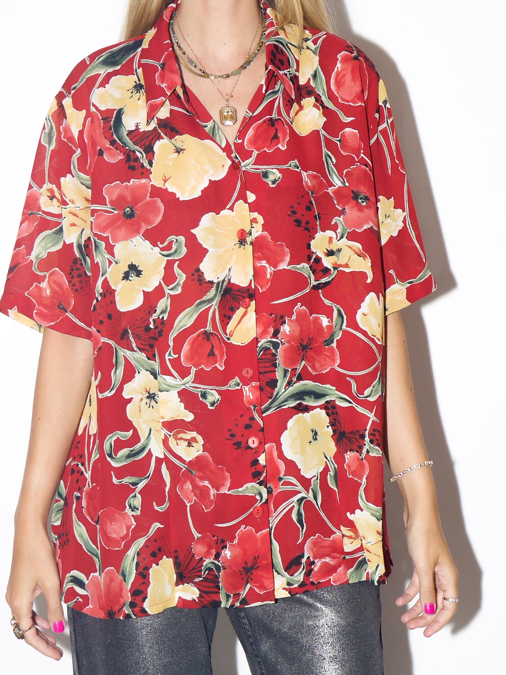 VINTAGE Red And Yellow Tulip Floral Sheer Short Sleeve Shirt Blouse From The 1990s By Basler