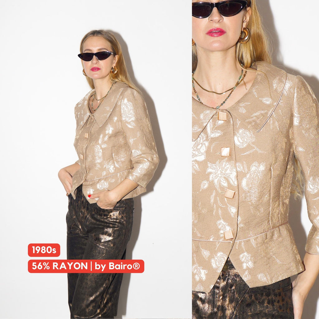VINTAGE blazer in beige jacquard with shiny floral embroidery from 1980s