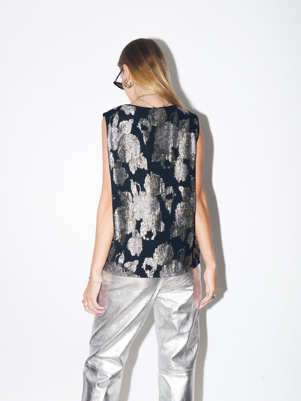 VINTAGE Black Sleeveless Floral Metallic Thread Blouse With Lining From The 1980s By Grill Florin