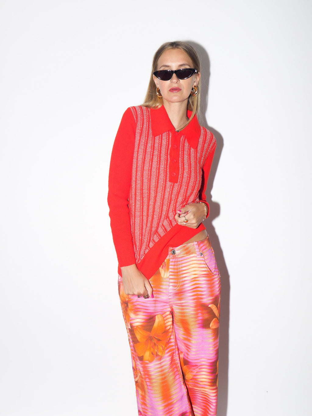 VINTAGE Red Neon Polo Sweater With Stripe Pattern And Long Sleeves From The 1970s (Made In Italy)