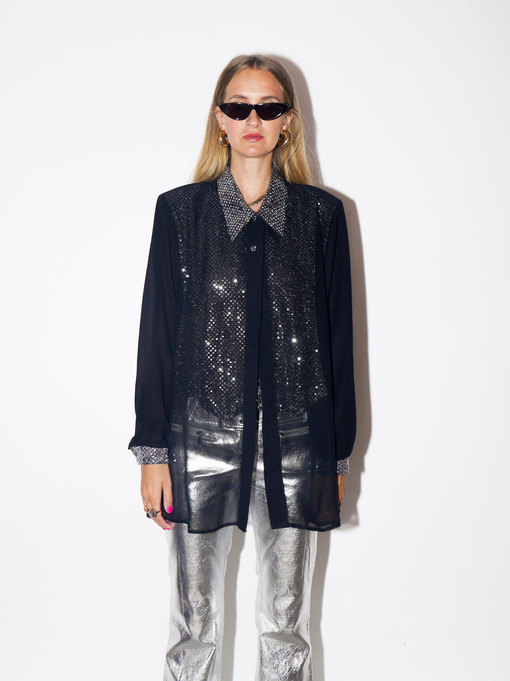 VINTAGE Oversized Black Sheer Shirt Blouse With Sequin Silver Vest From The 1980s By Catherine