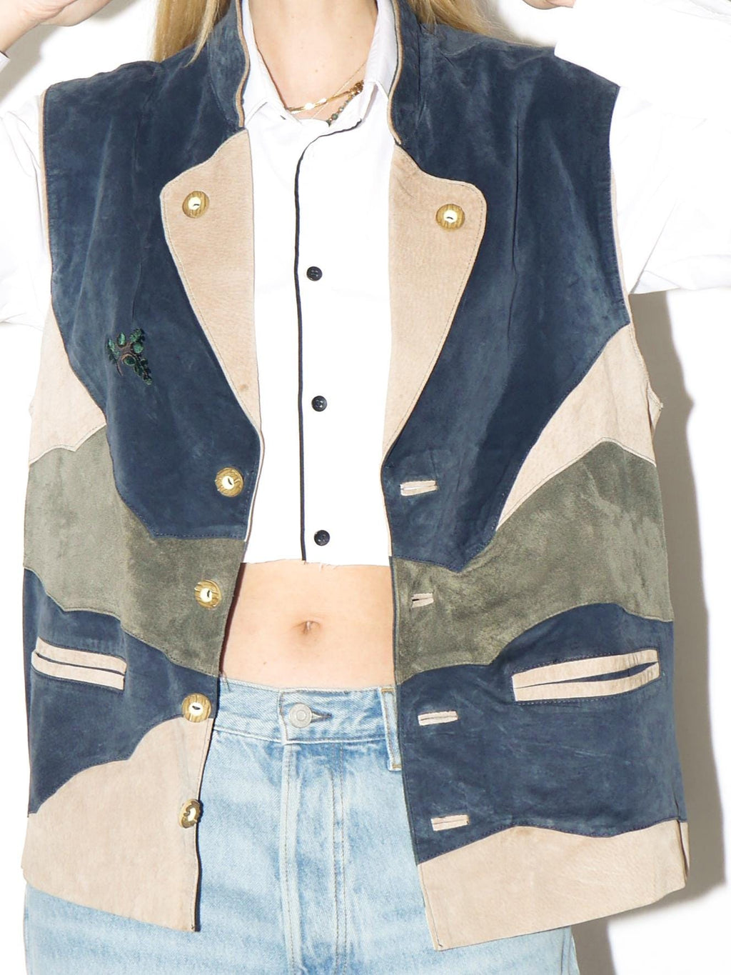 VINTAGE suede Bavarian vest from 1980s | leather Tyrol navy, cream waistcoat