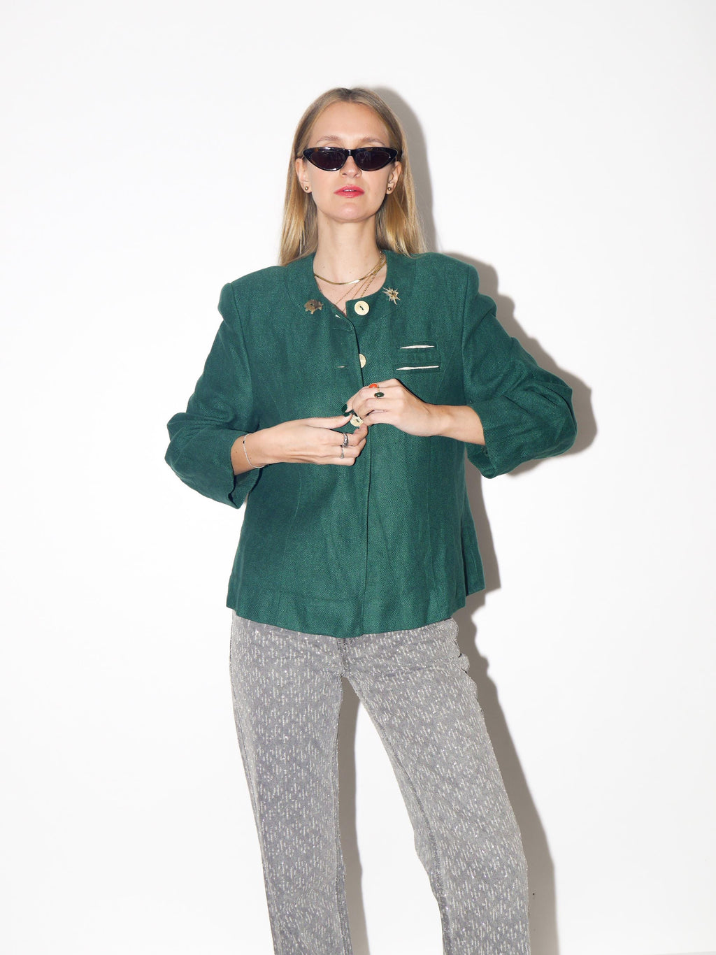 VINTAGE Bottle Green Austrian Folk Linen Blazer From The 1980s