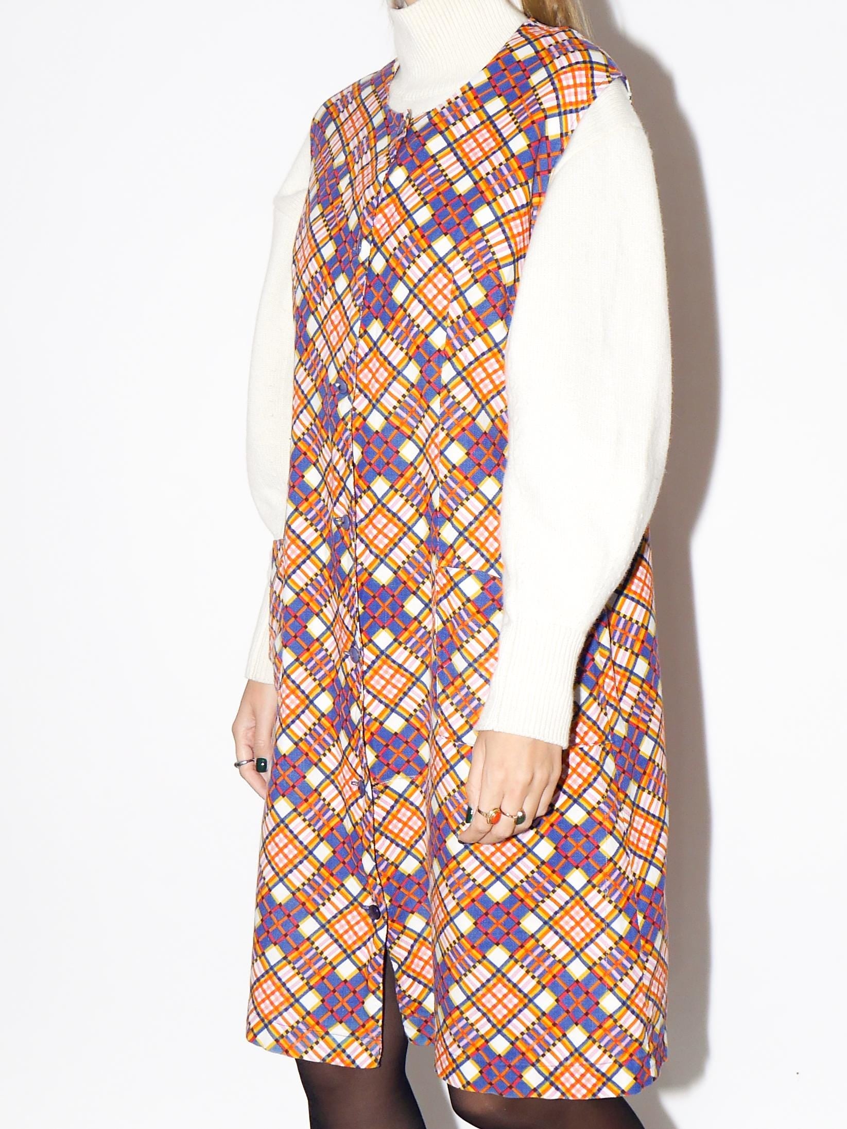 VINTAGE Orange And Beige Checked Cotton Sleeveless Dress From The 1980s By Miloty