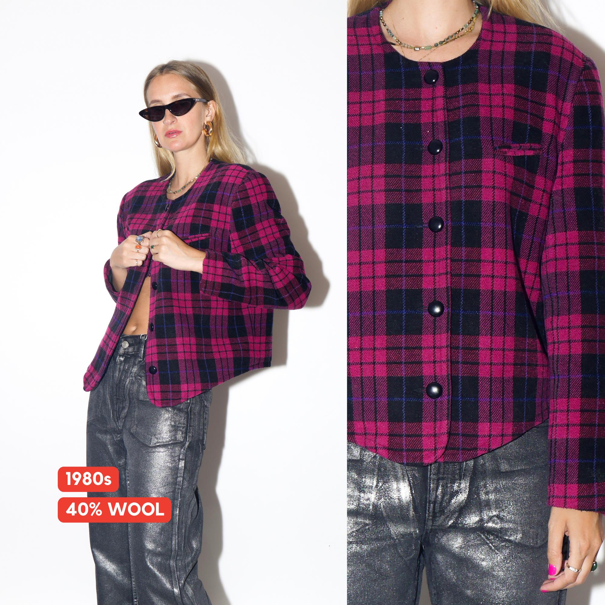 VINTAGE Wool Magenta And Black Checked Asymmetric Blazer With Shoulder Pads From The 1980s By City Design