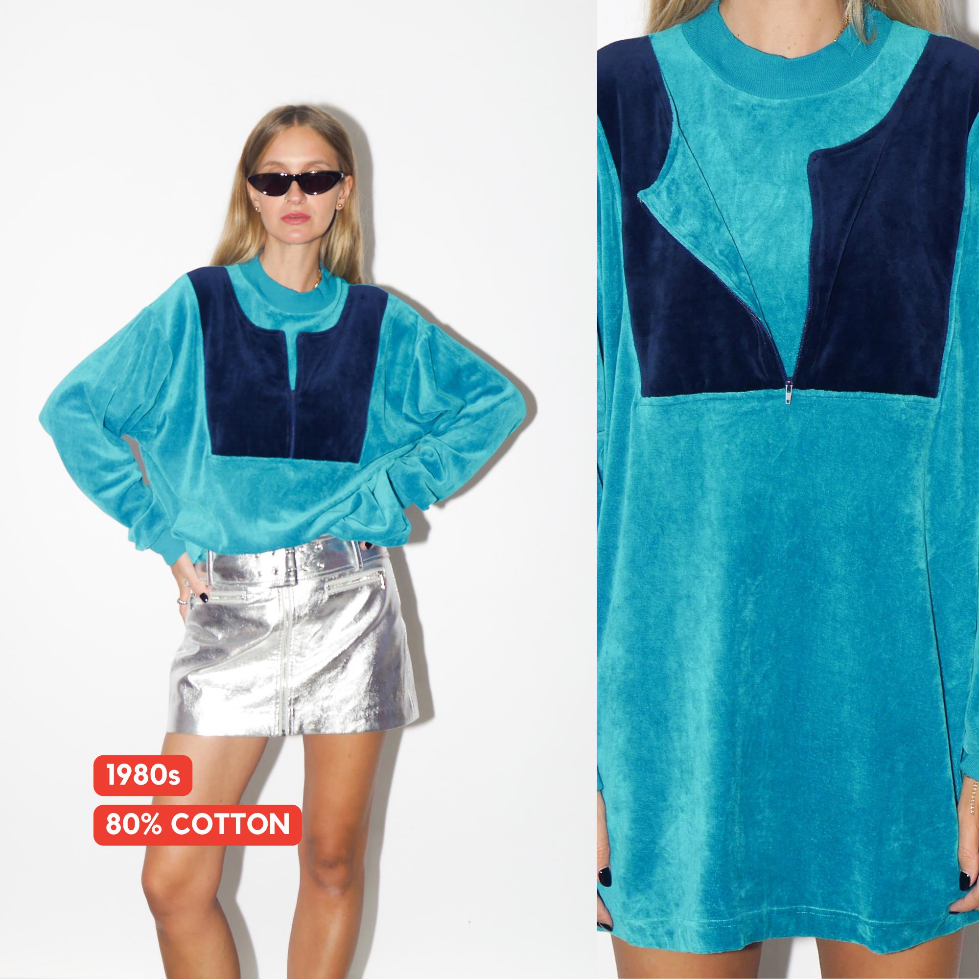 VINTAGE Turquoise Sweater From The 1980s — Cotton Blend Crew Neck