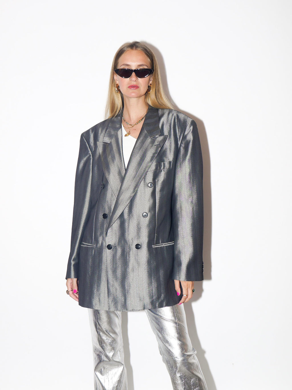 VINTAGE Wool Silver Striped Oversized Double Breasted Blazer With Shoulder Pads From The 1980s By Ceremonia