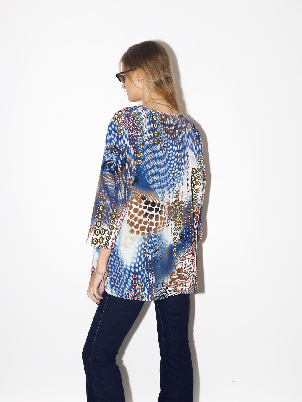 VINTAGE Abstract Print Oversized Blouse From The 1980s With Blue Brown And White Animal Pattern