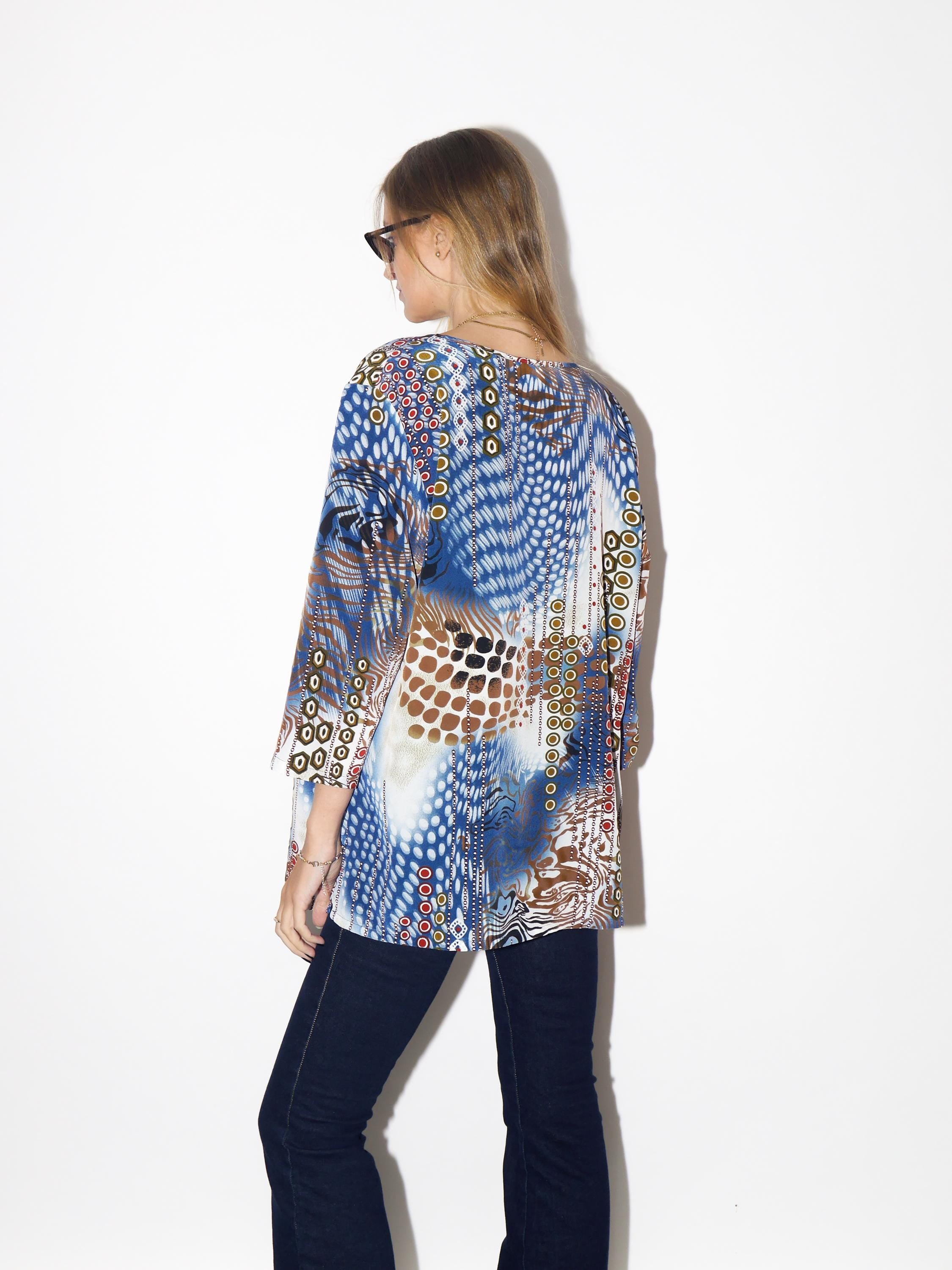 VINTAGE Abstract Print Oversized Blouse From The 1980s With Blue Brown And White Animal Pattern