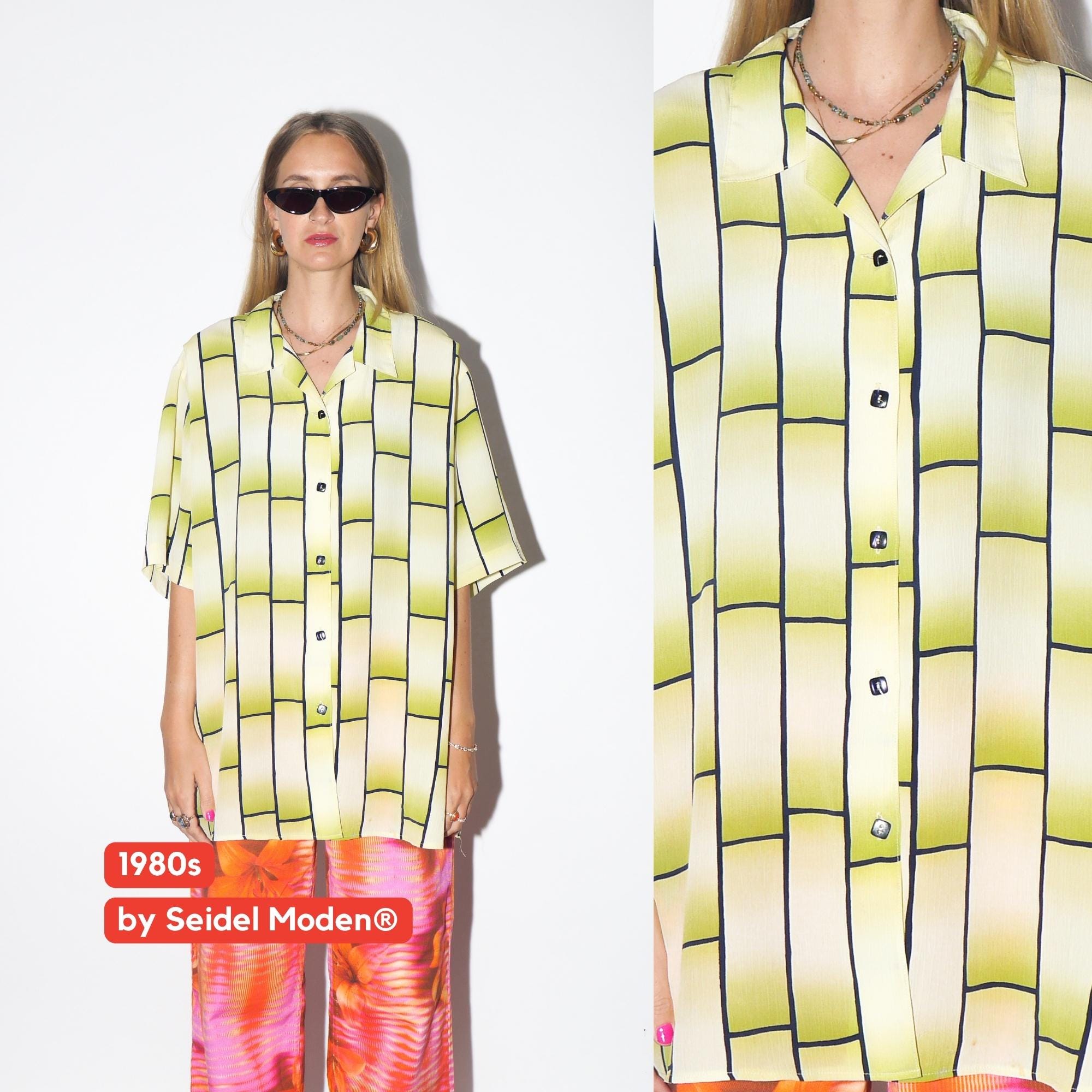VINTAGE Yellow And Green Check Oversized Shirt With Square Buttons And Collar From The 1980s By Seidel Moden