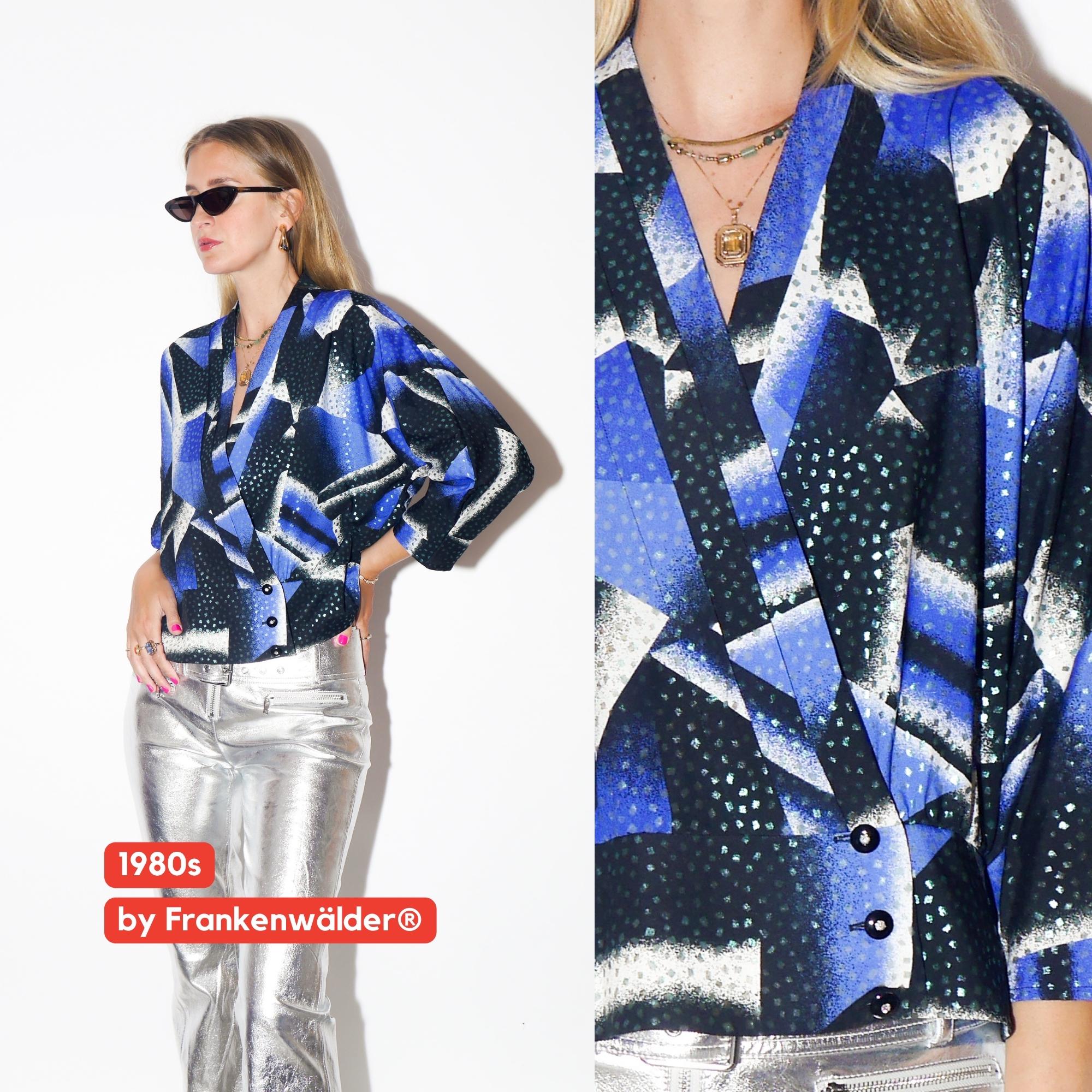 VINTAGE Cobalt Blue Black And White Asymmetric Peplum Blouse With Glitter Pattern From The 1980s By Frankenwalder