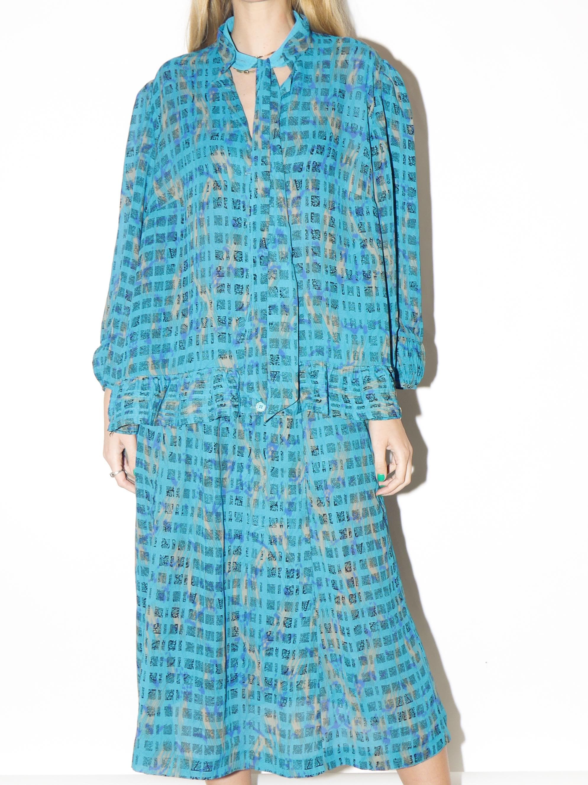 VINTAGE Blouse and Skirt Set from 1980s | Blue and Beige Blouse & Midi Skirt