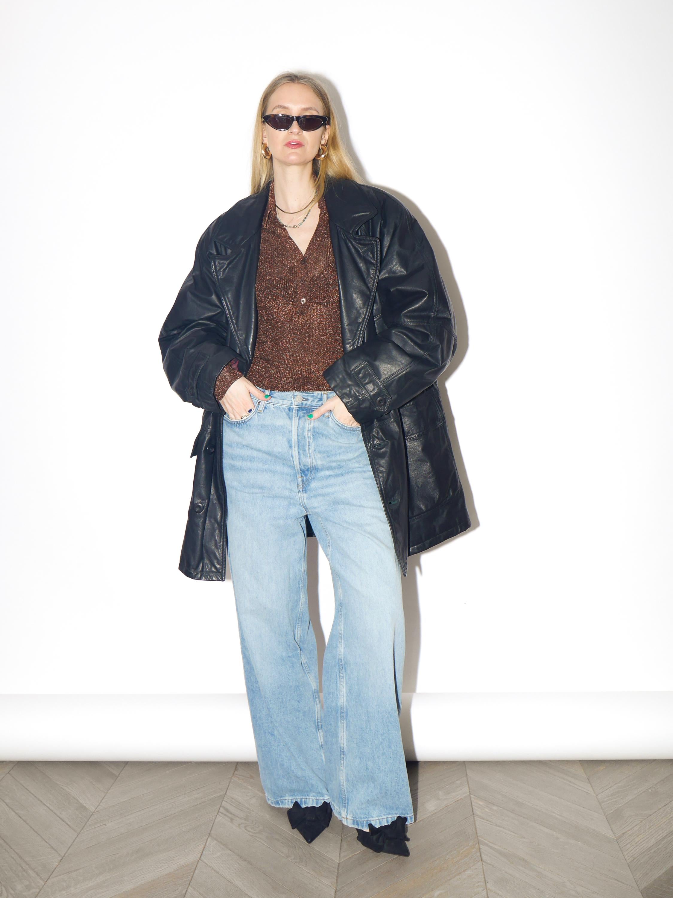VINTAGE Black Leather Jacket from 1980s | Oversize Insulated Leather Jacket
