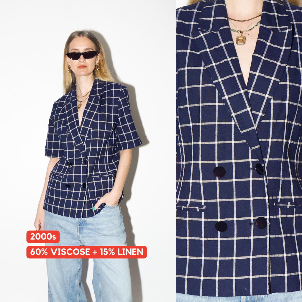 VINTAGE Navy Checked Short Sleeve Blazer from 1990s made of Viscose and Linen