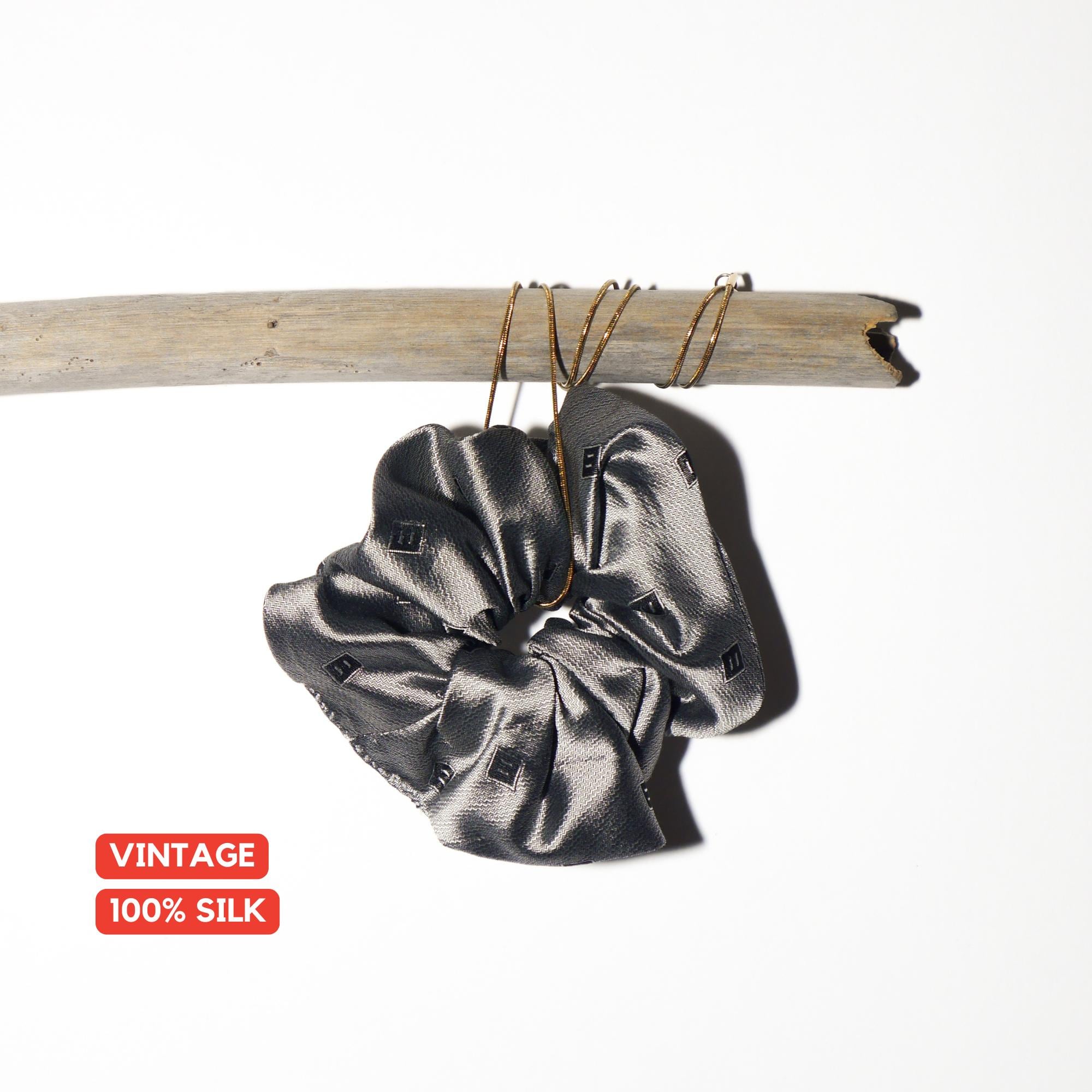Handmade 100% Silk Scrunchie from Vintage 1980s Tie by MODOPOL - Silver with Gray Squares