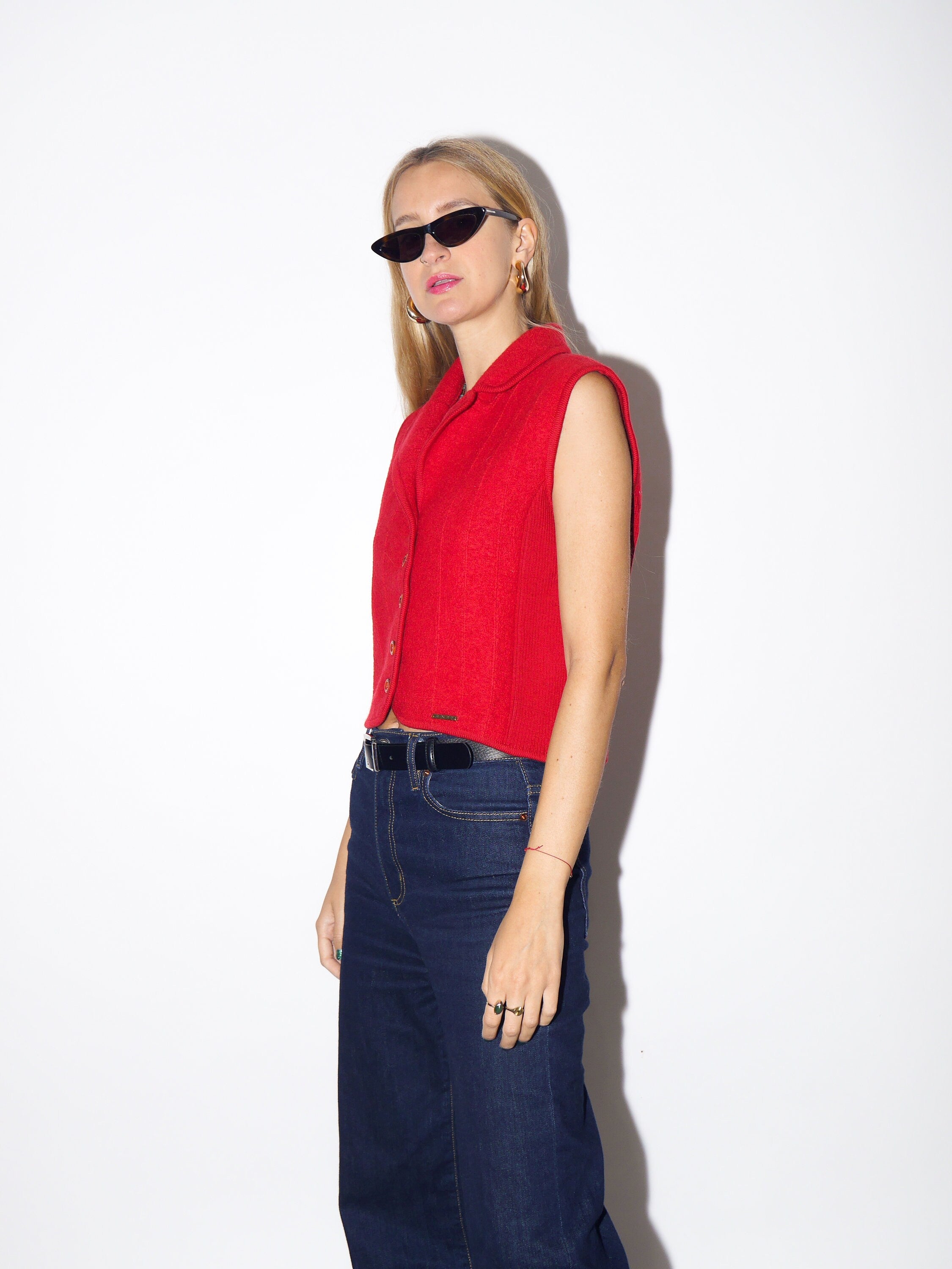 VINTAGE red 100% wool womens sleeveless polo shirt/vest  from 1980s by Geiger® with small metal logo label | premium quality red vest