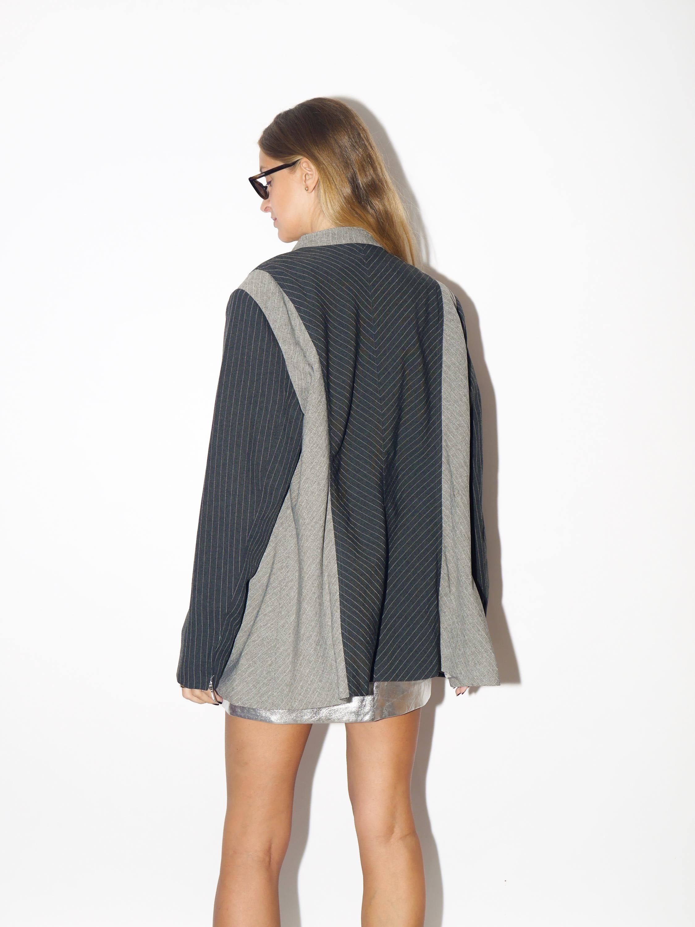 VINTAGE Gray Striped Oversized Blazer From 1990s With Zipper And Shoulder Pads