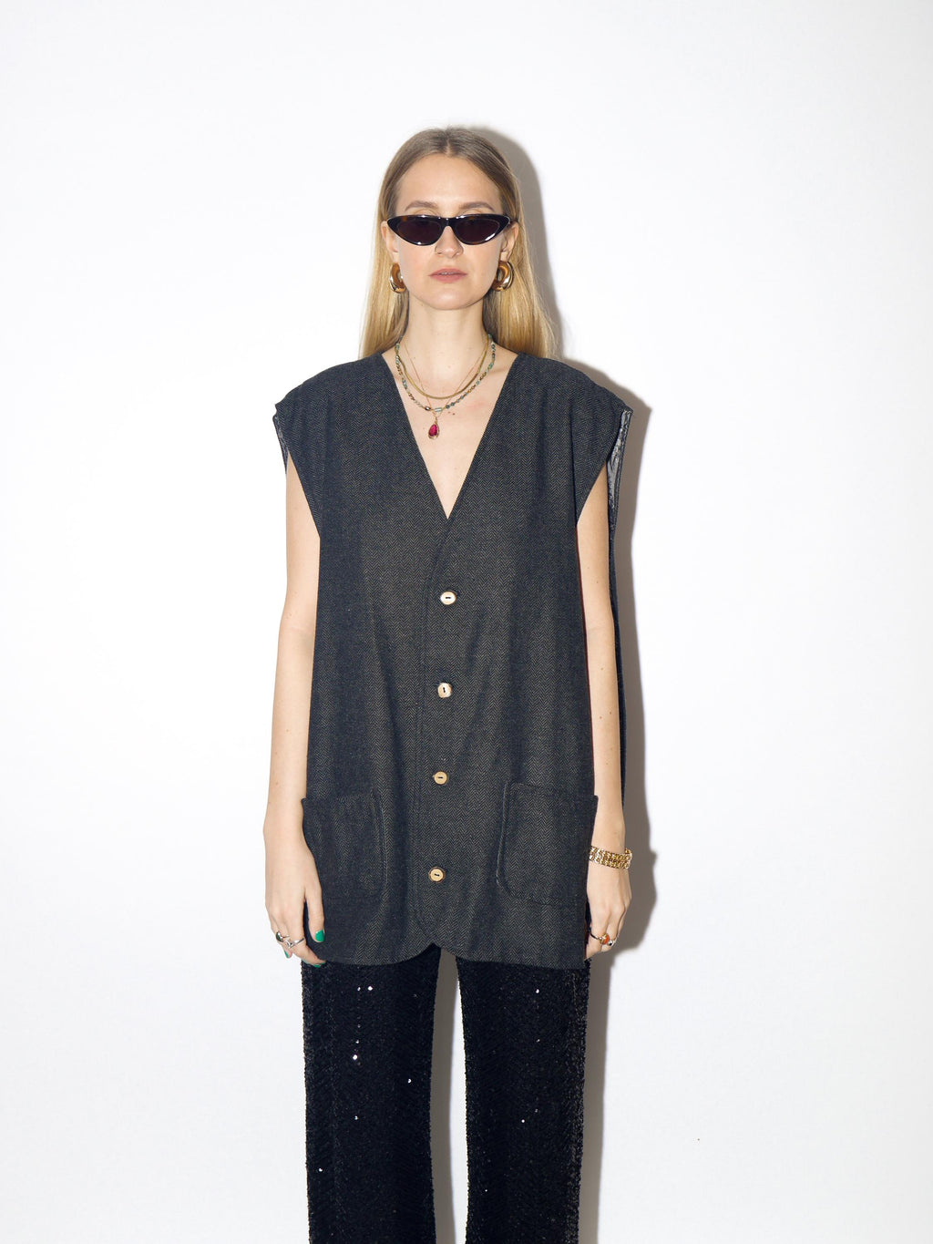 VINTAGE wool gray vest from 1980s in oversize fit with silky viscose lining