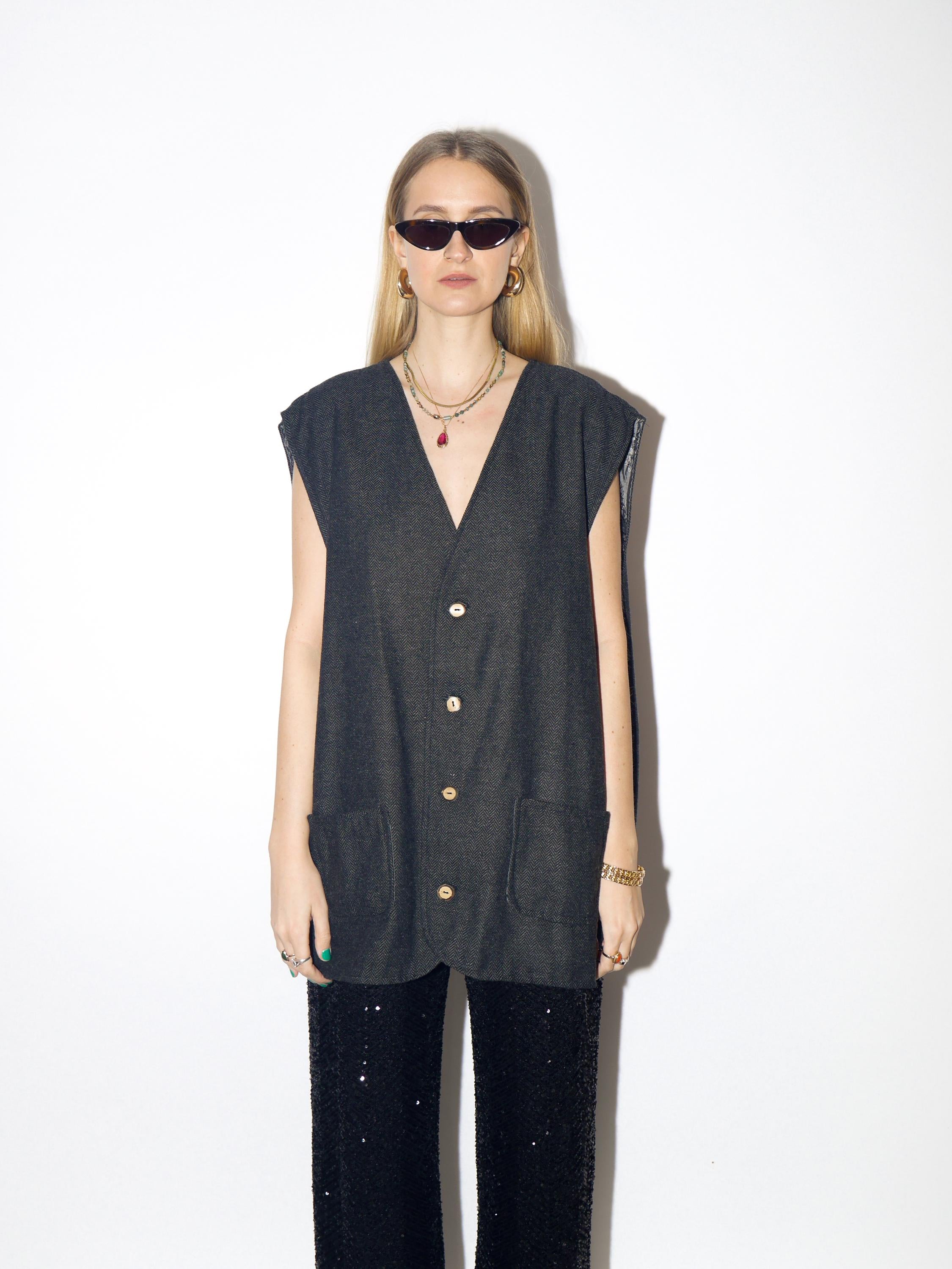 VINTAGE wool gray vest from 1980s in oversize fit with silky viscose lining