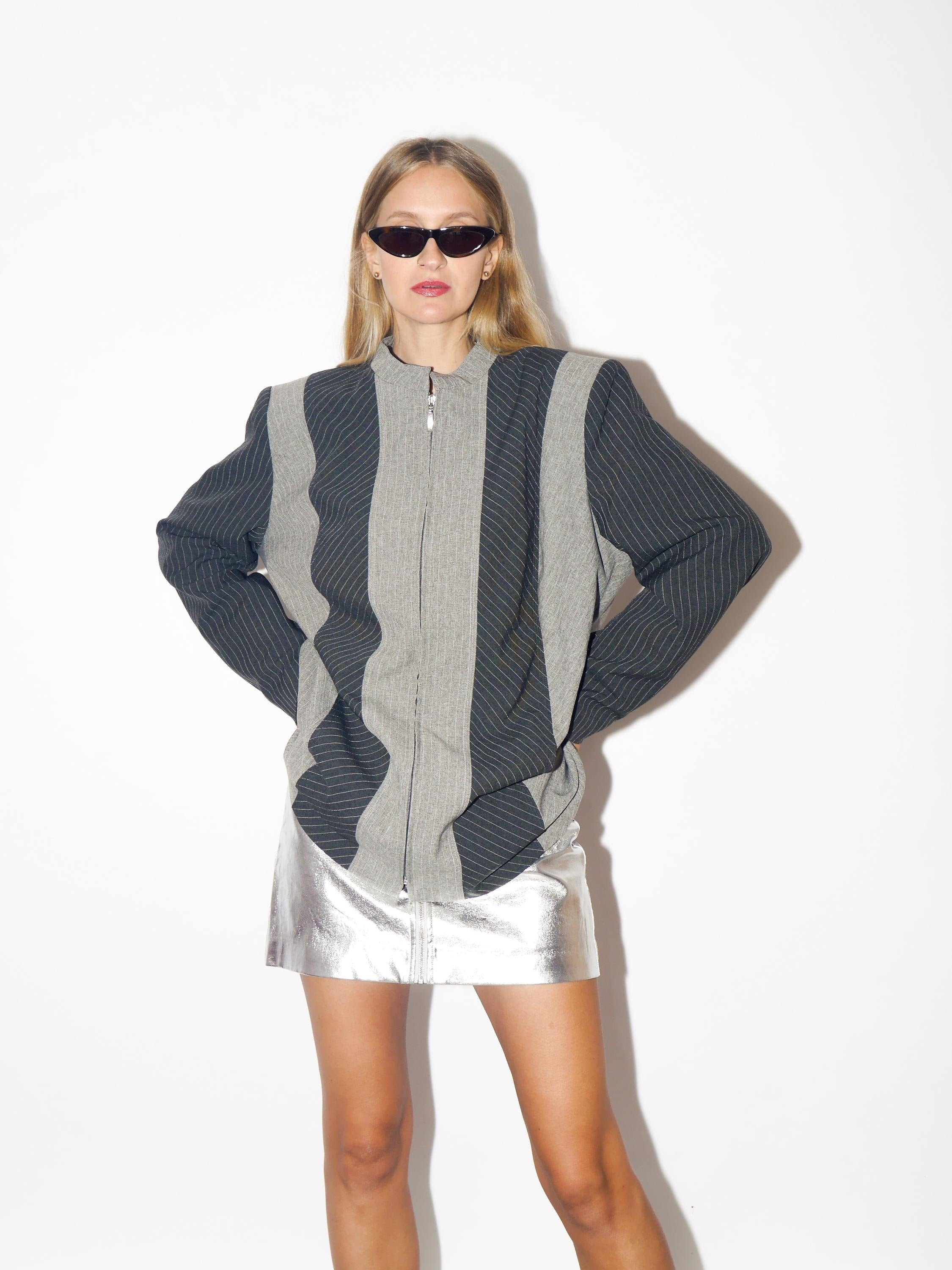VINTAGE Gray Striped Oversized Blazer From 1990s With Zipper And Shoulder Pads