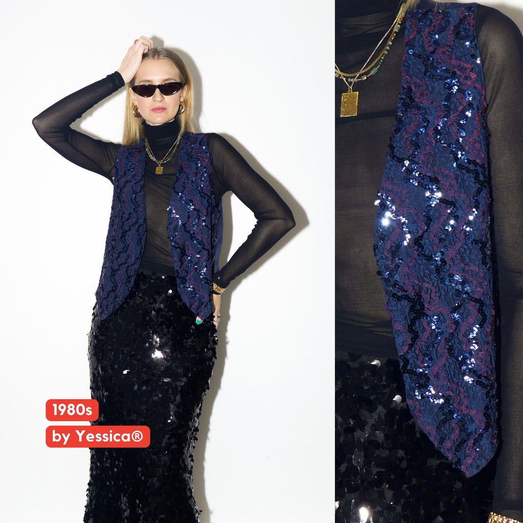 VINTAGE sequins blue vest from 1980s by Yessica® | elegant retro sequins vest