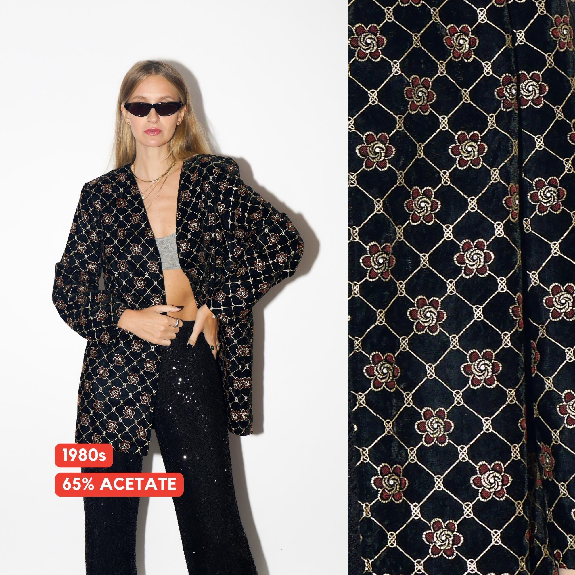VINTAGE Black Velvet Oversized Blazer With Gold And Red Floral Embroidery From The 1980s By Designer Wear