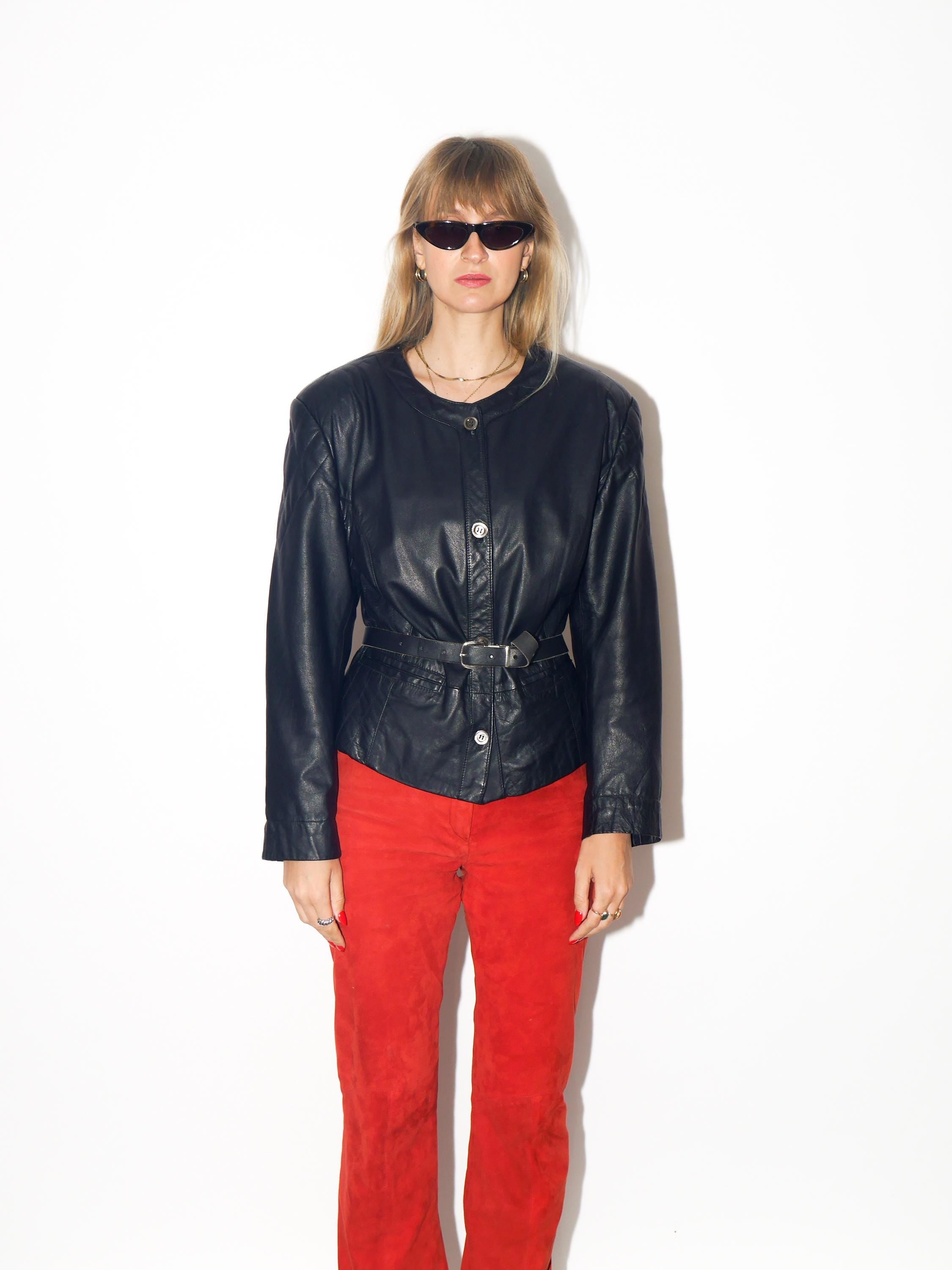 VINTAGE Black Cropped Leather Jacket With Shoulder Pads From The 1980s