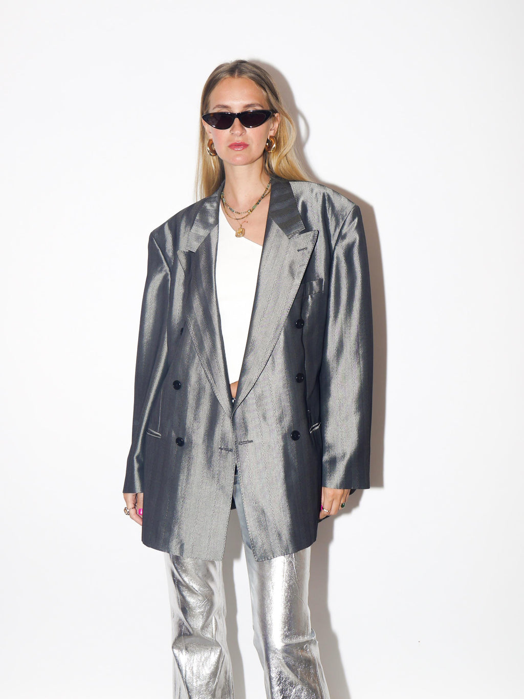 VINTAGE Wool Silver Striped Oversized Double Breasted Blazer With Shoulder Pads From The 1980s By Ceremonia