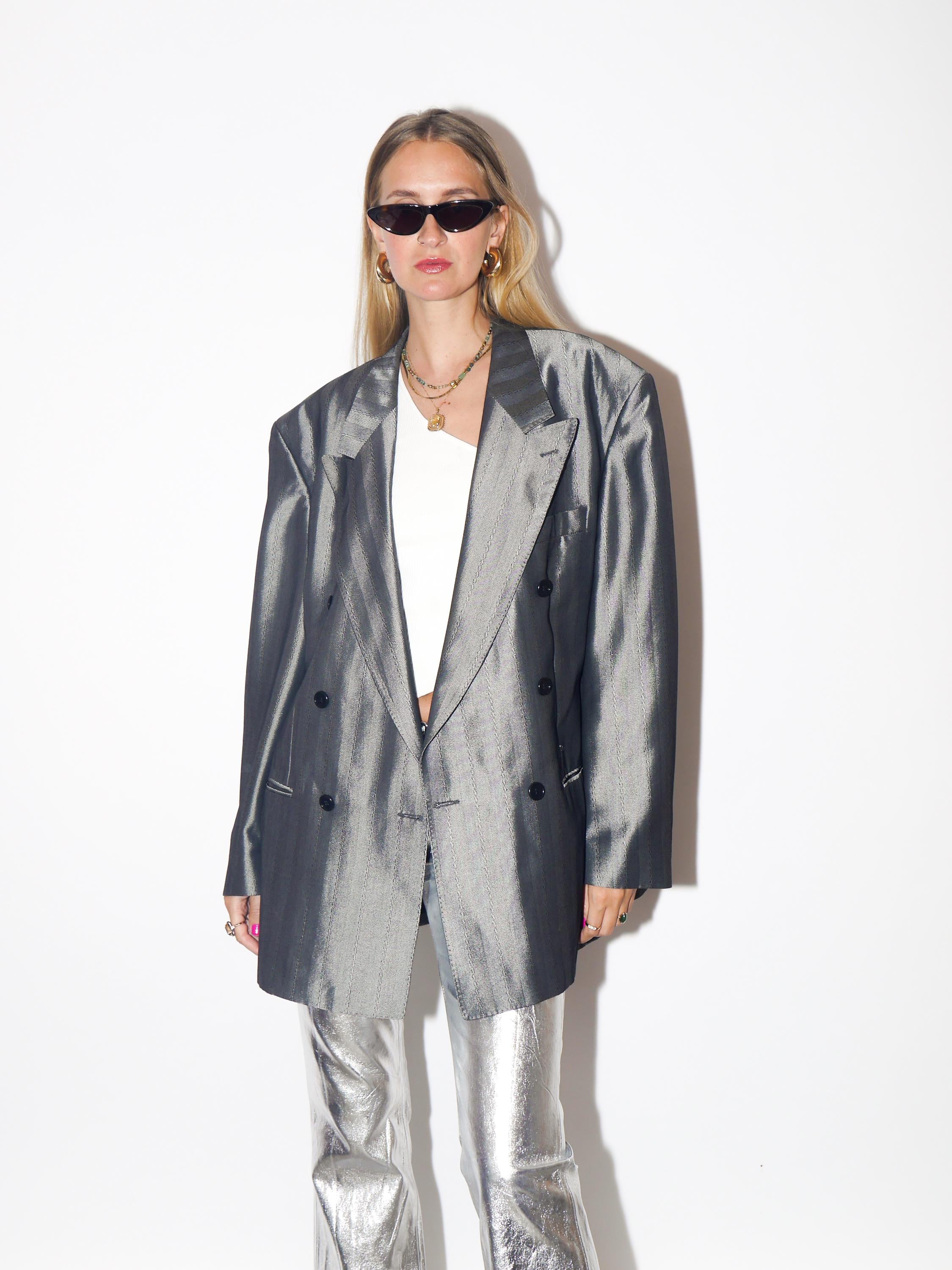 VINTAGE Wool Silver Striped Oversized Double Breasted Blazer With Shoulder Pads From The 1980s By Ceremonia