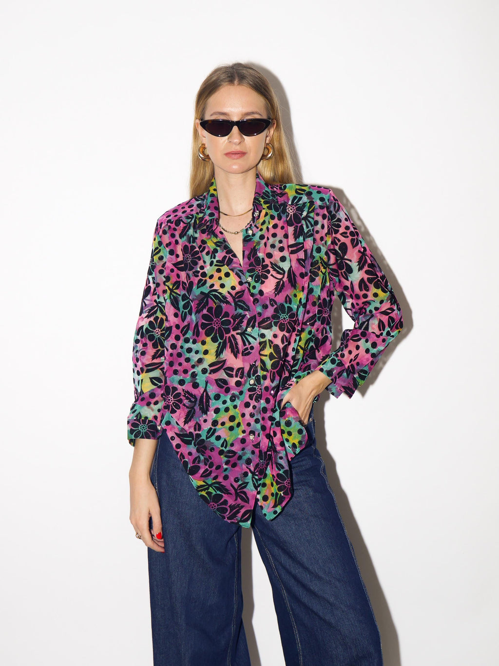 VINTAGE glitter blouse with purple floral pattern and sheer fabric from 1980s