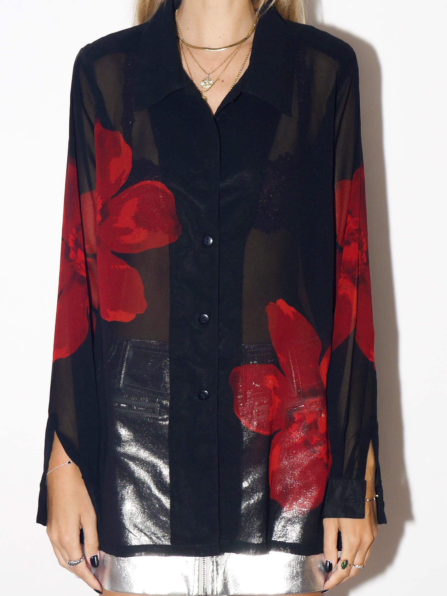 VINTAGE Black Sheer Blouse With Red Floral Print From 1980s With Shoulder Pads By Comfort Fashion Quality