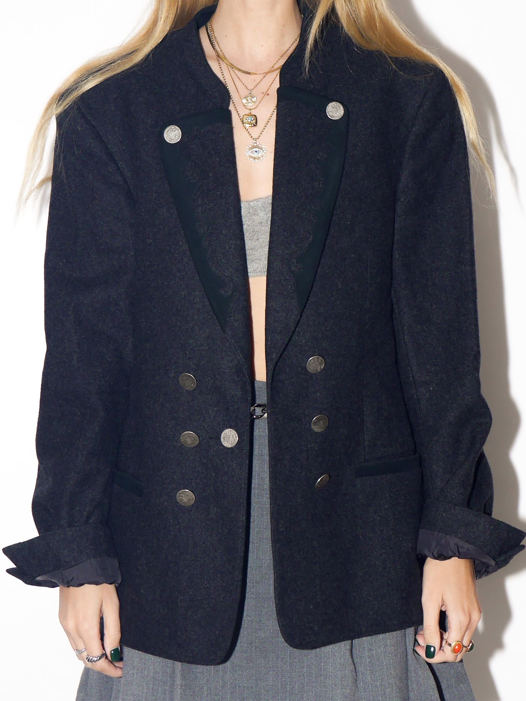 VINTAGE Oversized Grey Pure Wool Blazer From The 1980s With Embroidered Collar from Austria